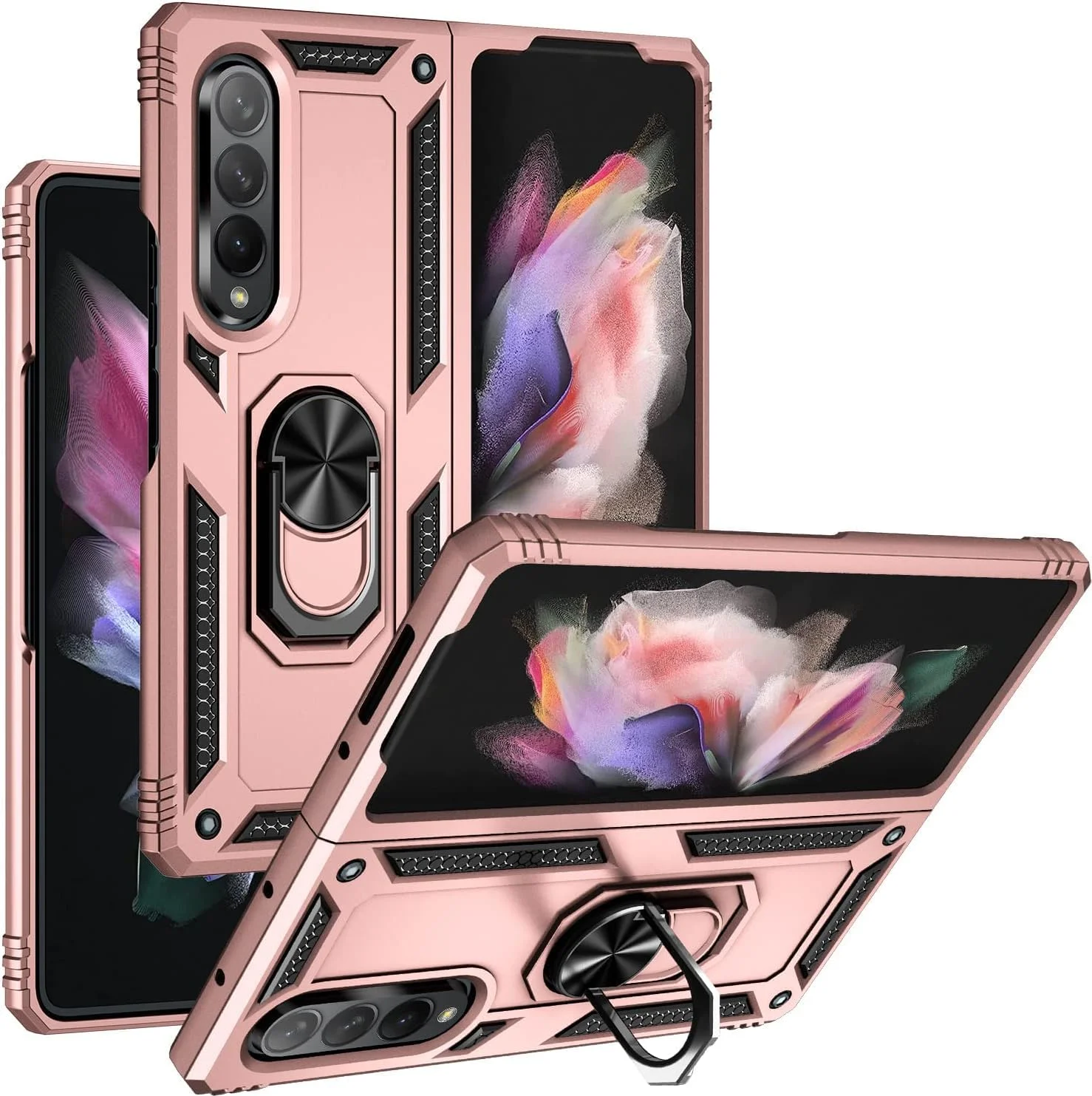 Designed for Samsung Galaxy Z Fold 3 Heavy Duty Case with Built-in Kickstand, Dual Layer Protection with Rotating Holder Ring, Sturdy Case for Samsung Galaxy Z Fold 3, Pink