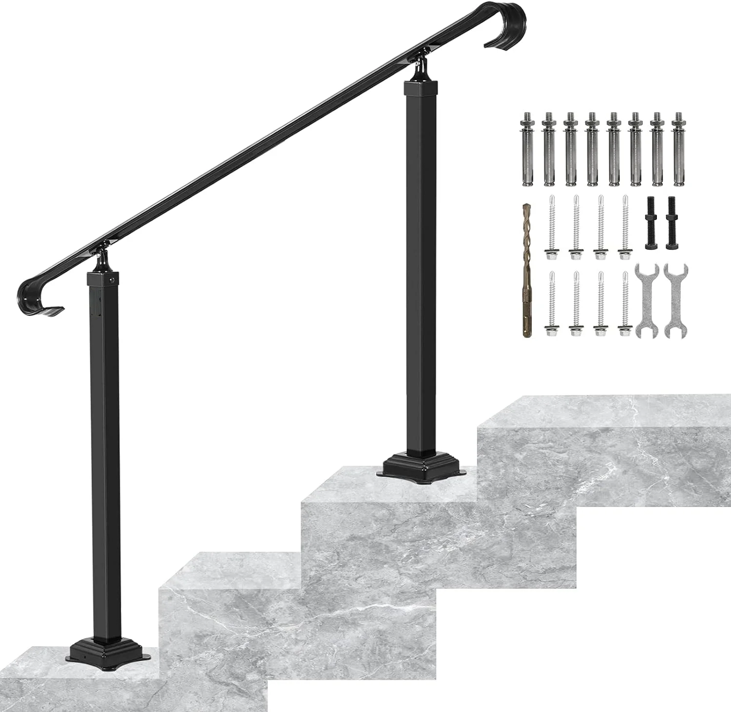 Handrails for Outdoor Steps, Fit 1 or 3 Steps Outdoor Stair Railing, Wrought Iron Handrail, Adjustable Front Porch Hand Rail, Black Transitional Hand railings for Concrete Steps or Wooden Stairs