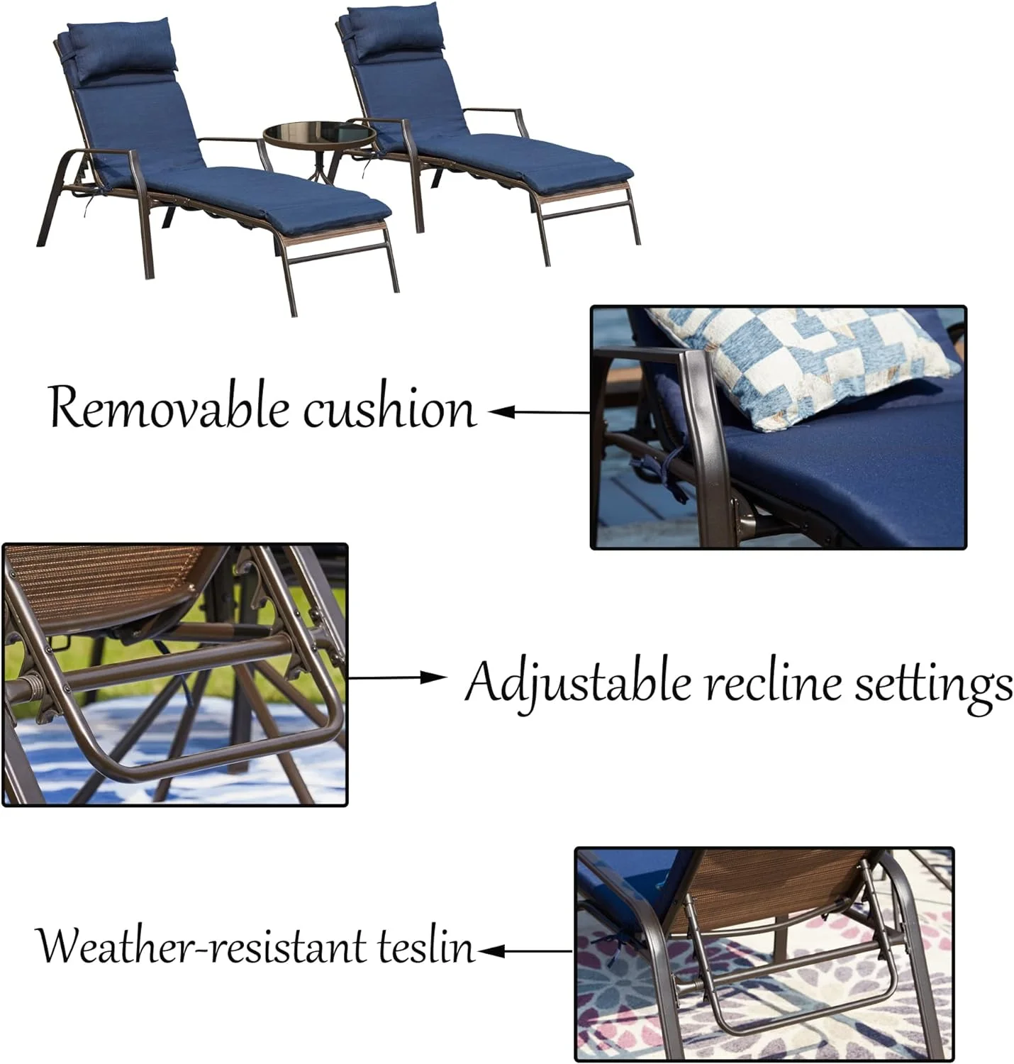 3 Pieces Outdoor Patio Chaise Lounge Chair Lounger Seating Furniture Set With Cushions And Table, Navy Blue
