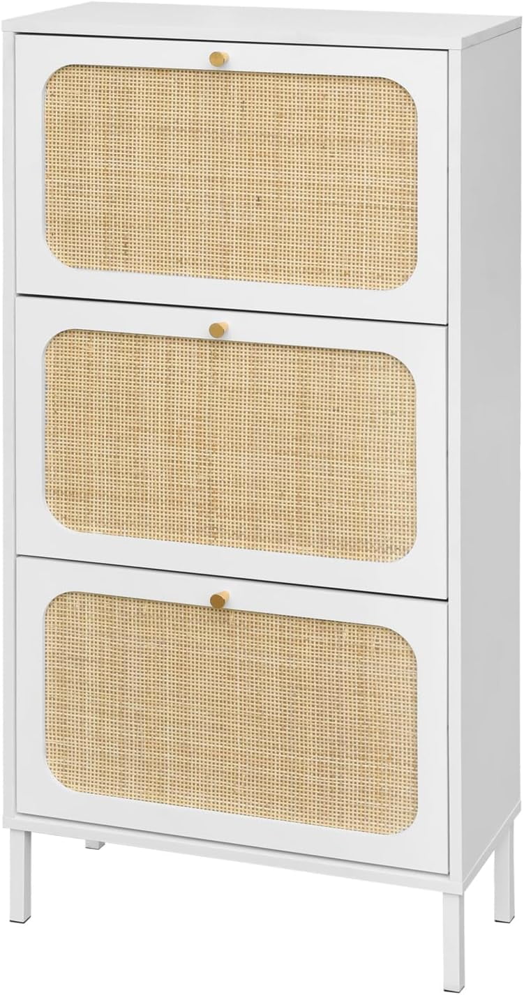 RSJIWOGZ Natural Rattan Shoe Cabinet with 3 Flip Drawers   3-Tier Shoe Rack  Cabinet for Heels  Boots  Slippers  Free Standing Shoe Rack  Entrance Hallway Entryway ()