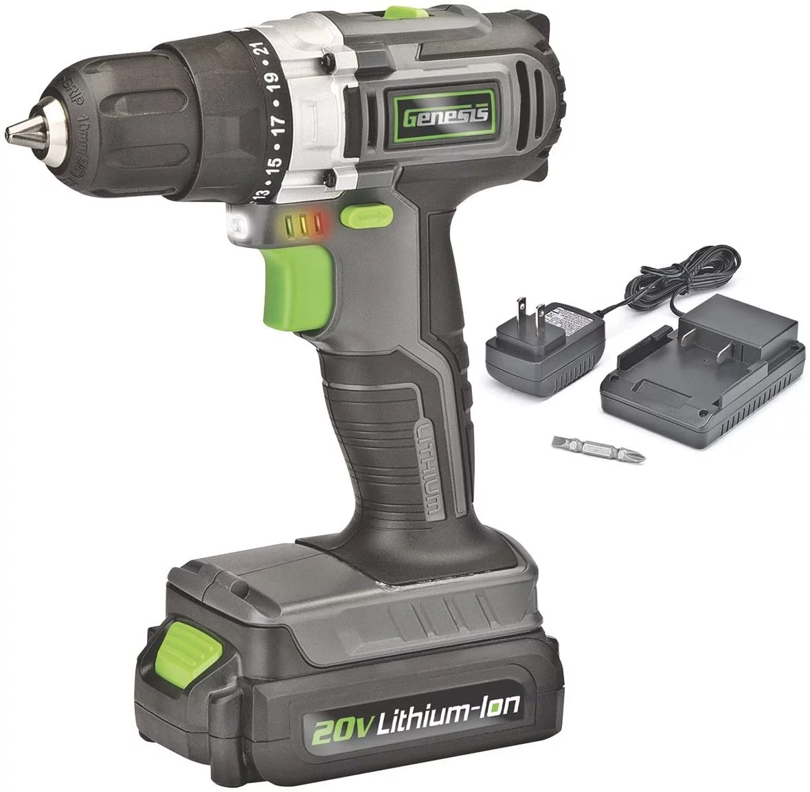 Genesis GLCD2038A 20V Lithium-ion Battery-Powered Cordless Variable Speed Drill Driver with 3/8