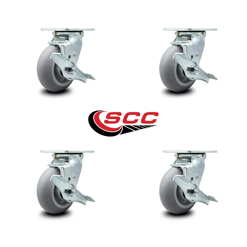 Heavy Duty Swivel Caster Set of 4 with 5 Inch Thermoplastic Rubber Donut Tread Wheels and Ball Bearings - Includes 4 Swivel with Top Lock Brakes - 1,400 lbs. Total Capacity - Service Caster Brand