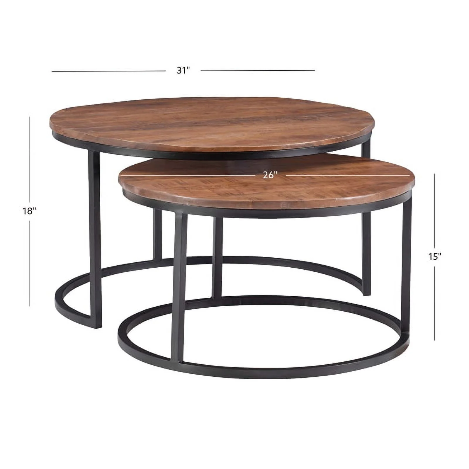 Linon Mina Round Wood Nesting Coffee Tables (Set of 2) in Black Matte Iron