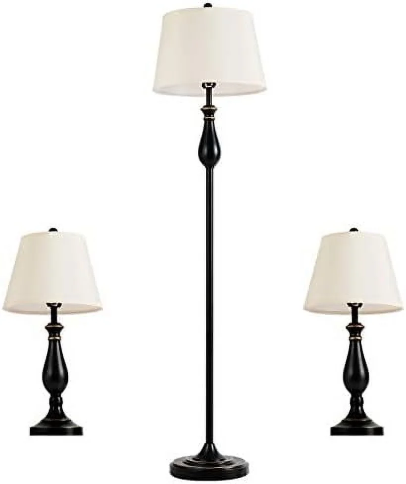 JDZHAPPYLIFE 3 Pack Lamp Set  3-Piece Vintage Metal Base 2 Table Lamps and Floor Lamp Set  Modern Lamp Set of 3 with Fabric Lamp Shade for Living Room Bedroom  UL Certificate  Matt Black