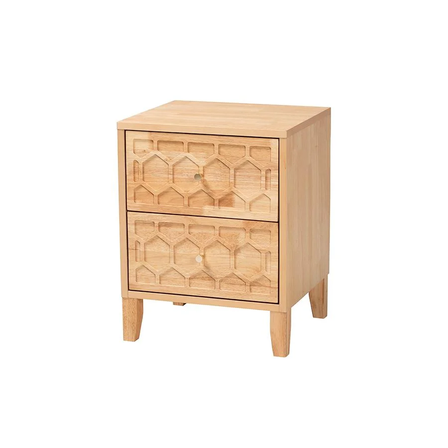 Baxton Studio Hosea Japandi Carved Honeycomb Natural 2-Drawer Nightstand