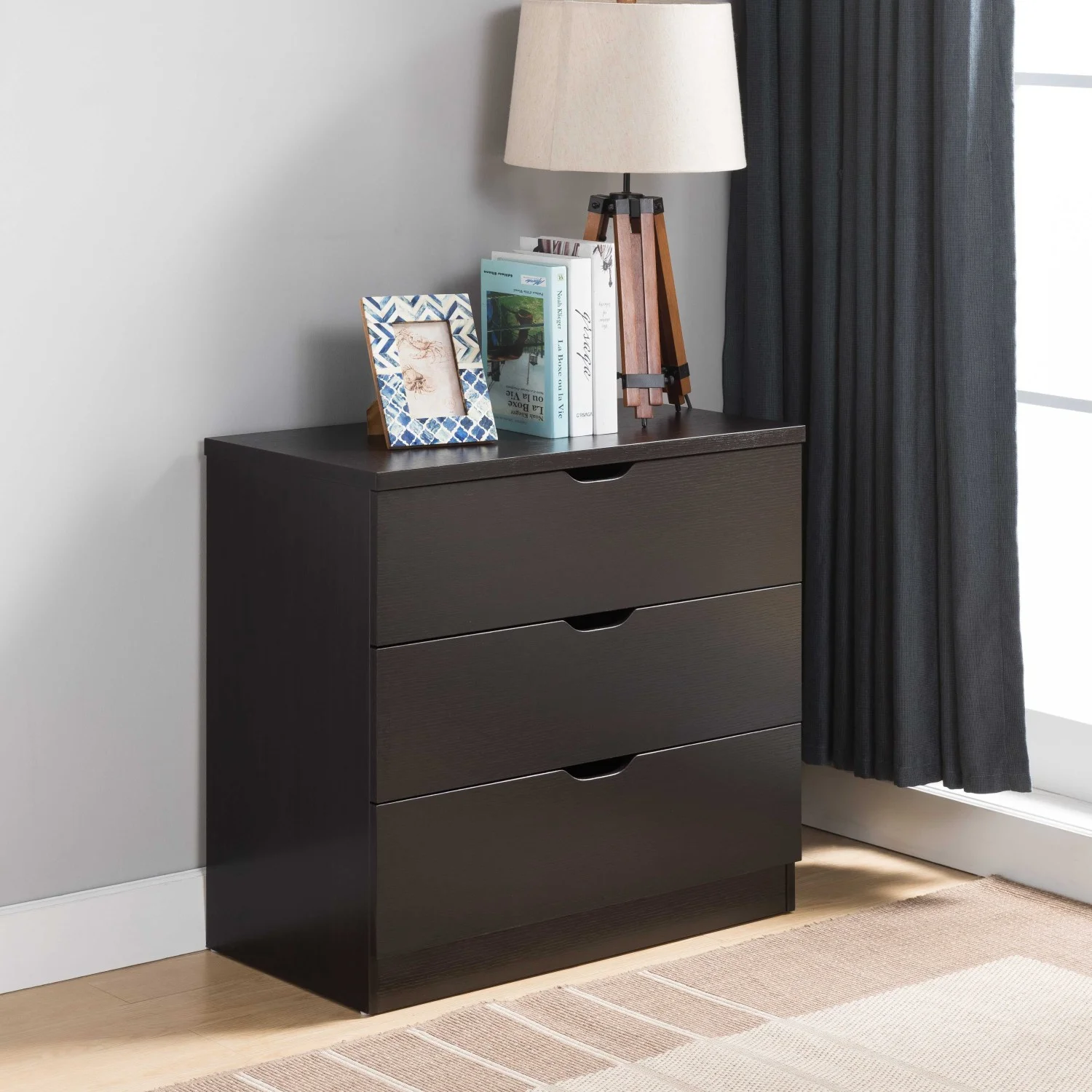 JHOOTUUO Modern dark chocolate three drawer chest and clothes  cabinet with metal drawer glides