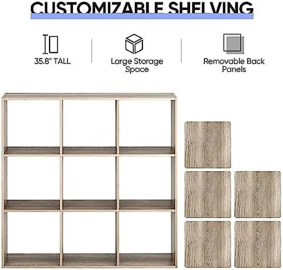 ZWNLKQG 9 Cube  Organizer  with 5 Removable Back Panels Freestanding 3-Tier Open Wood Bookshelf for Home  Office  Bedroom  Living Room  Black