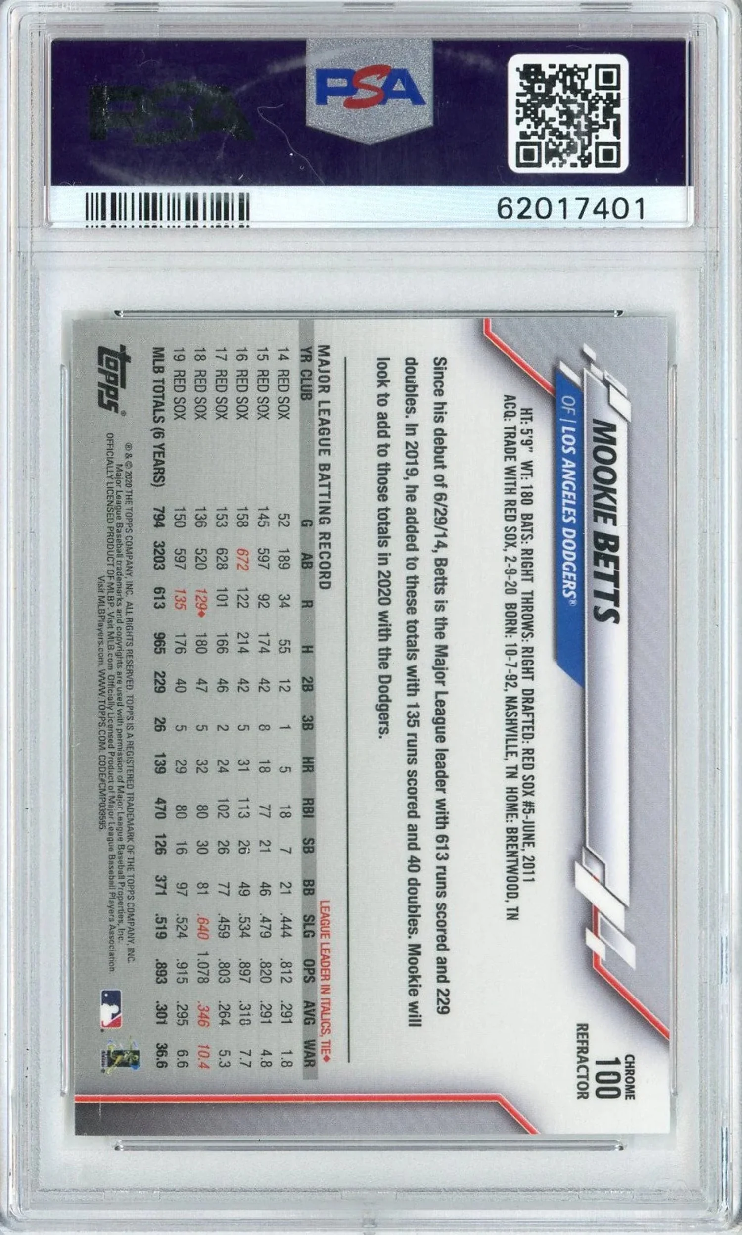 Graded 2020 Topps Chrome Mookie Betts #100 Sepia Refractor Baseball Card PSA 10 Gem Mint