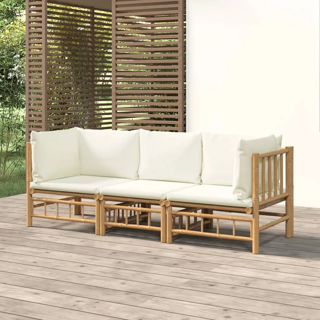 Dcenta 3 Piece Patio Set with White Cushions Bamboo