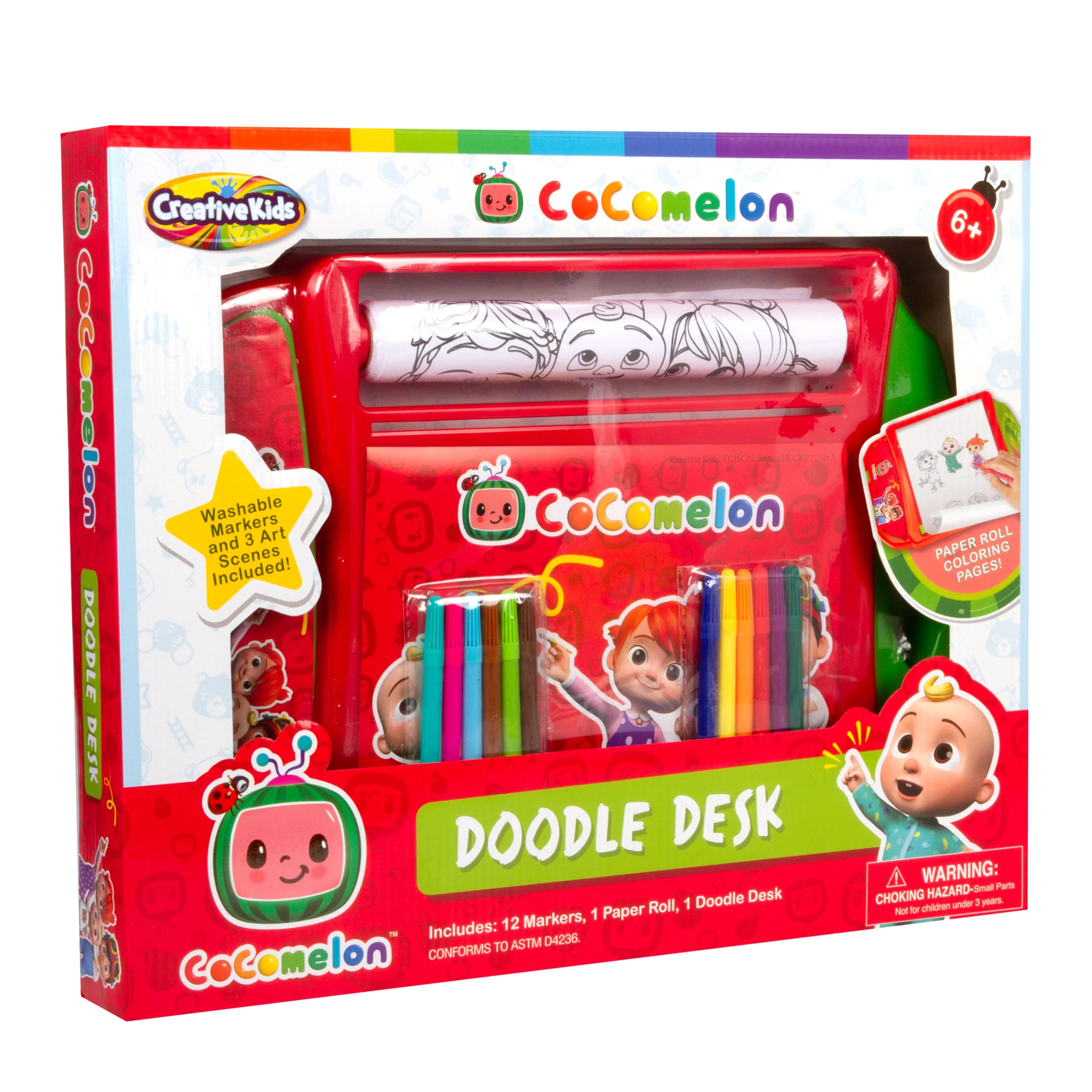 Cocomelon Doodle Desk- Kids Art Set with Markers & Coloring Pages- Built-in Case for Creativity on the Go- Includes 12 Washable Markers, 3 Art Scenes- Coloring Arts & Crafts for Boys Girls Age 3+