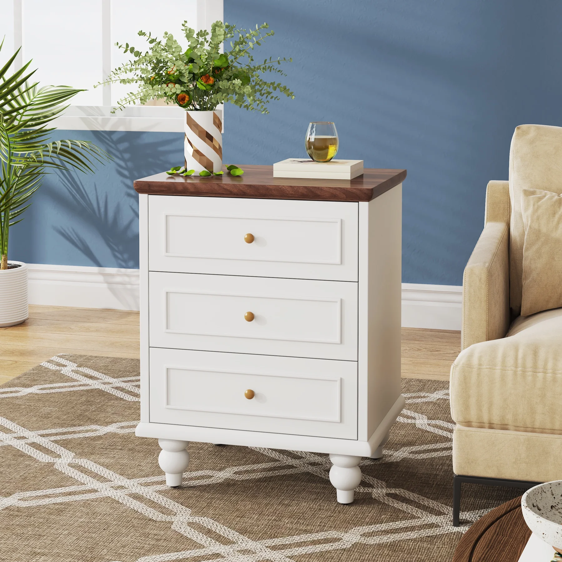 3-Drawer White Nightstand Bedside Table with Solid Wood Legs