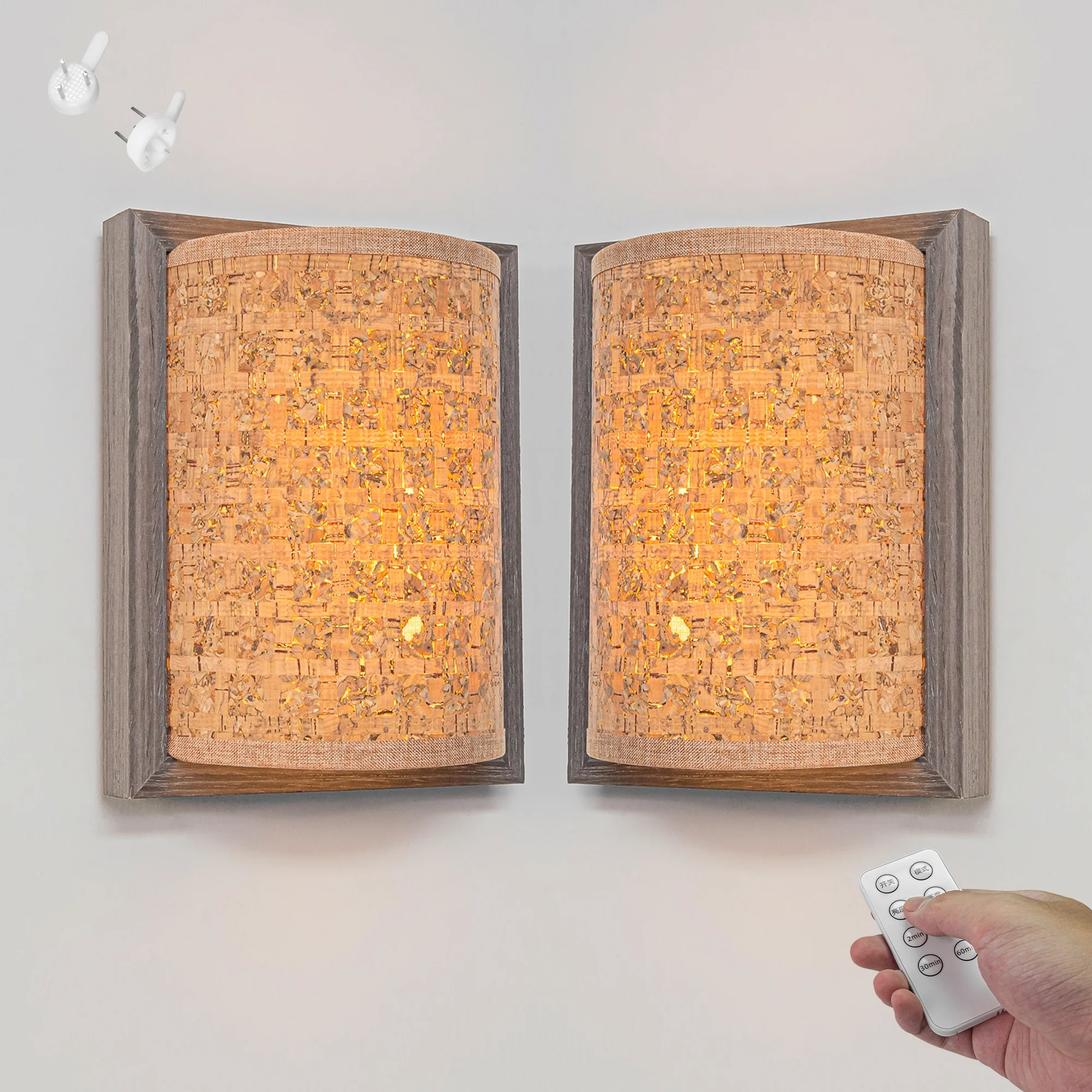 Kiven Battery Operated Wall Sconces with Remote Control,3 Colors Changing,Rechargeable Wall Sconces,Set of 2 Dimmable Wall Lighting for Wall Decor, Brown Fabric