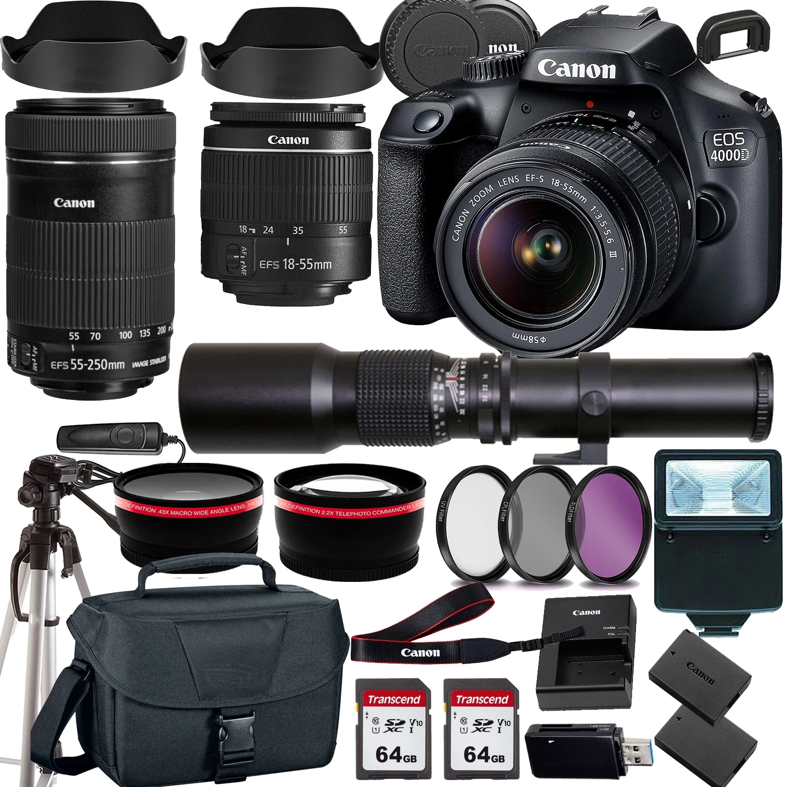 Canon EOS 4000D/Rebel T100 DSLR Camera w/Canon EF-S 18-55mm F/3.5-5.6 Zoom Lens+Canon EF-S 55-250mm f/4-5.6 IS STM+500mm f/8.0 Telephoto Lens+case+128Memory Cards (24PC)