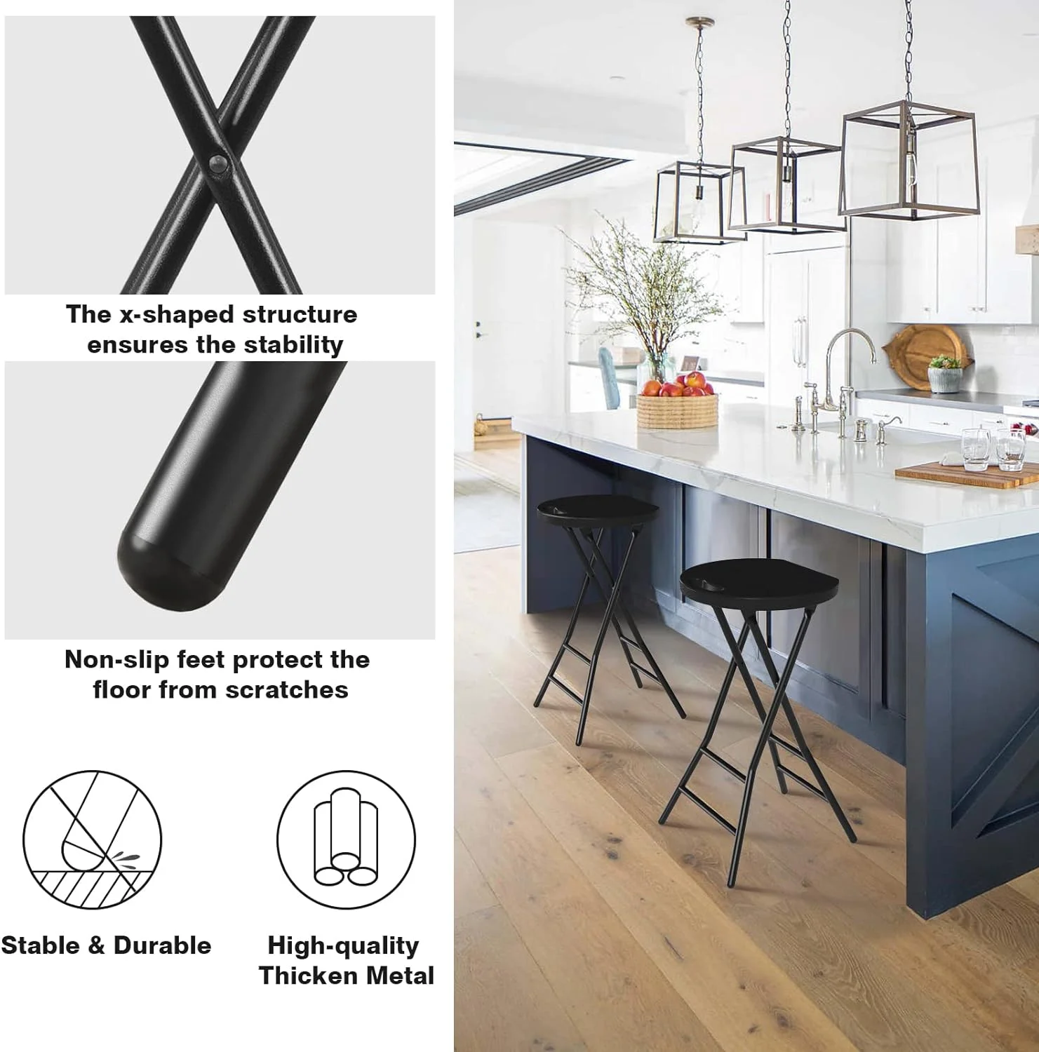 Folding Stool,2 Pack 24 inch Tall Folding Bar Stool with Handle, Metal and Plastic Foldable Stool for Adults with Steel Frame Legs, 300lbs Capacity, Black