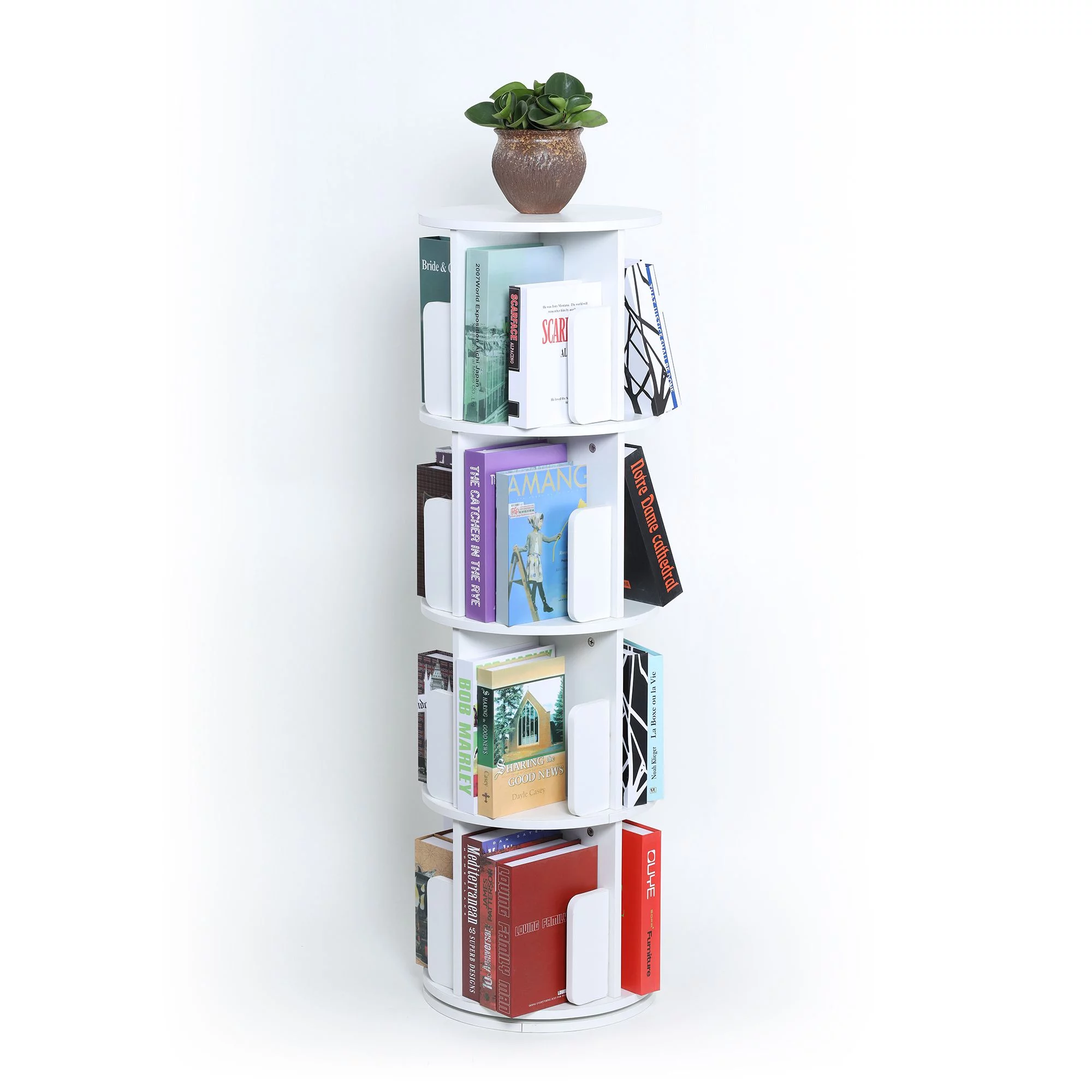 360 Degrees Rotating Bookshelf 4-Tier Multi-Functional Bookshelf Organizer Stackable Bookcase for Office and Living Room, White