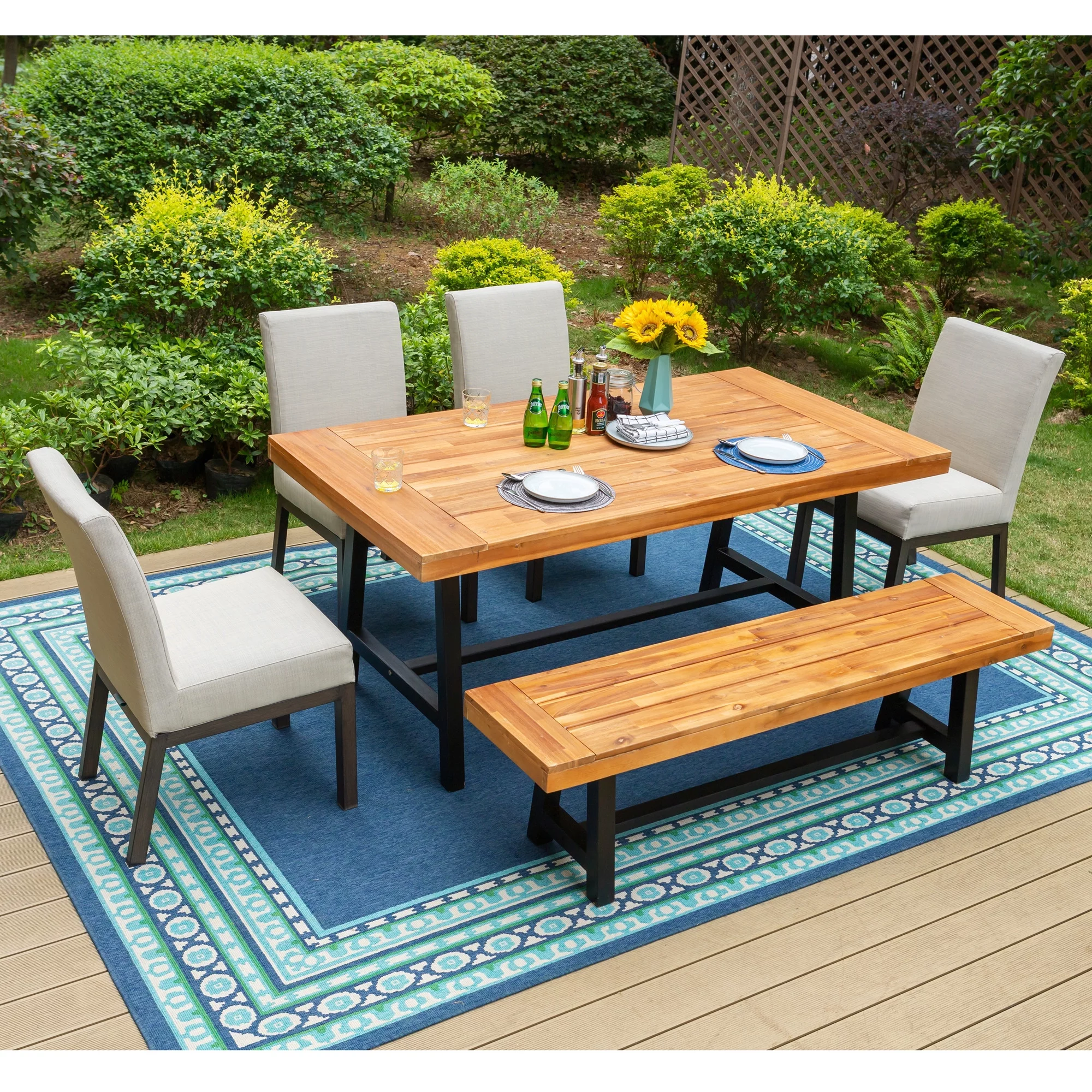 MF Studio 6-Piece Patio Dining Set with 4 PCS Cushion Padded Parsons Chairs, 1 PC Solid Wood Bench&1 PC Large Solid Wood Table, Beige