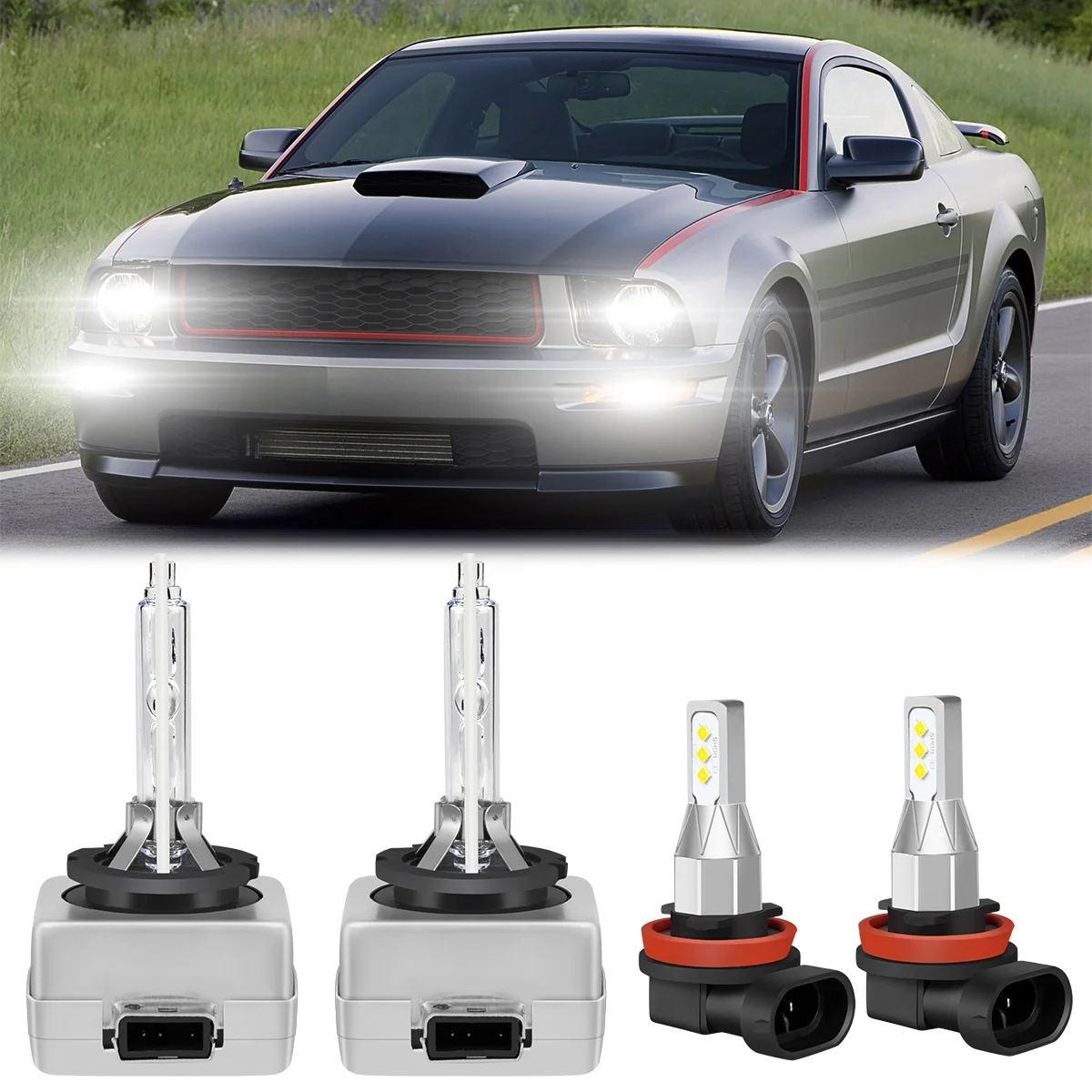 HMCYCI For Ford Mustang 2010-2017 D3S H11 LED Headlight Bulb High/Low+LED Fog Light Kit