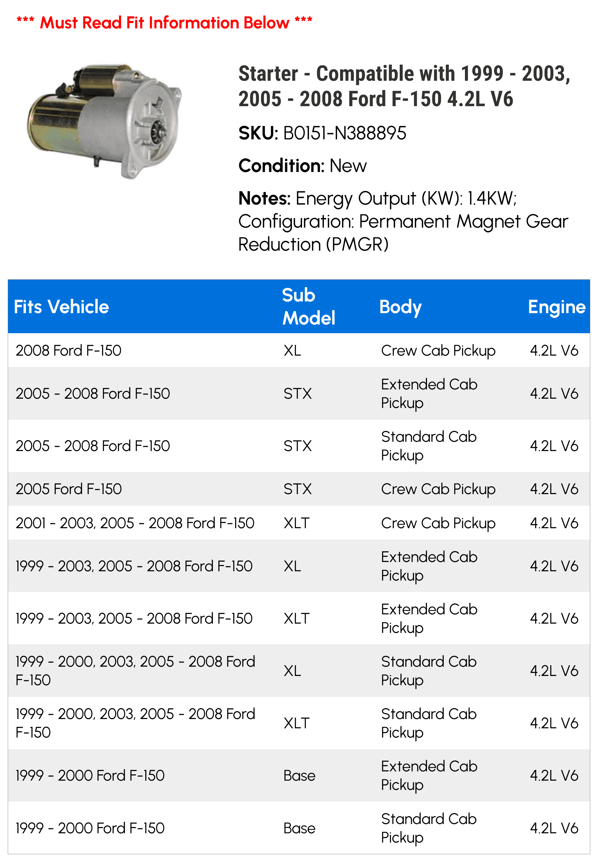 Starter - Compatible with 1999 - 2003, 2005 - 2008 Ford F-150 4.2L V6 2000 2001 2002 2006 2007