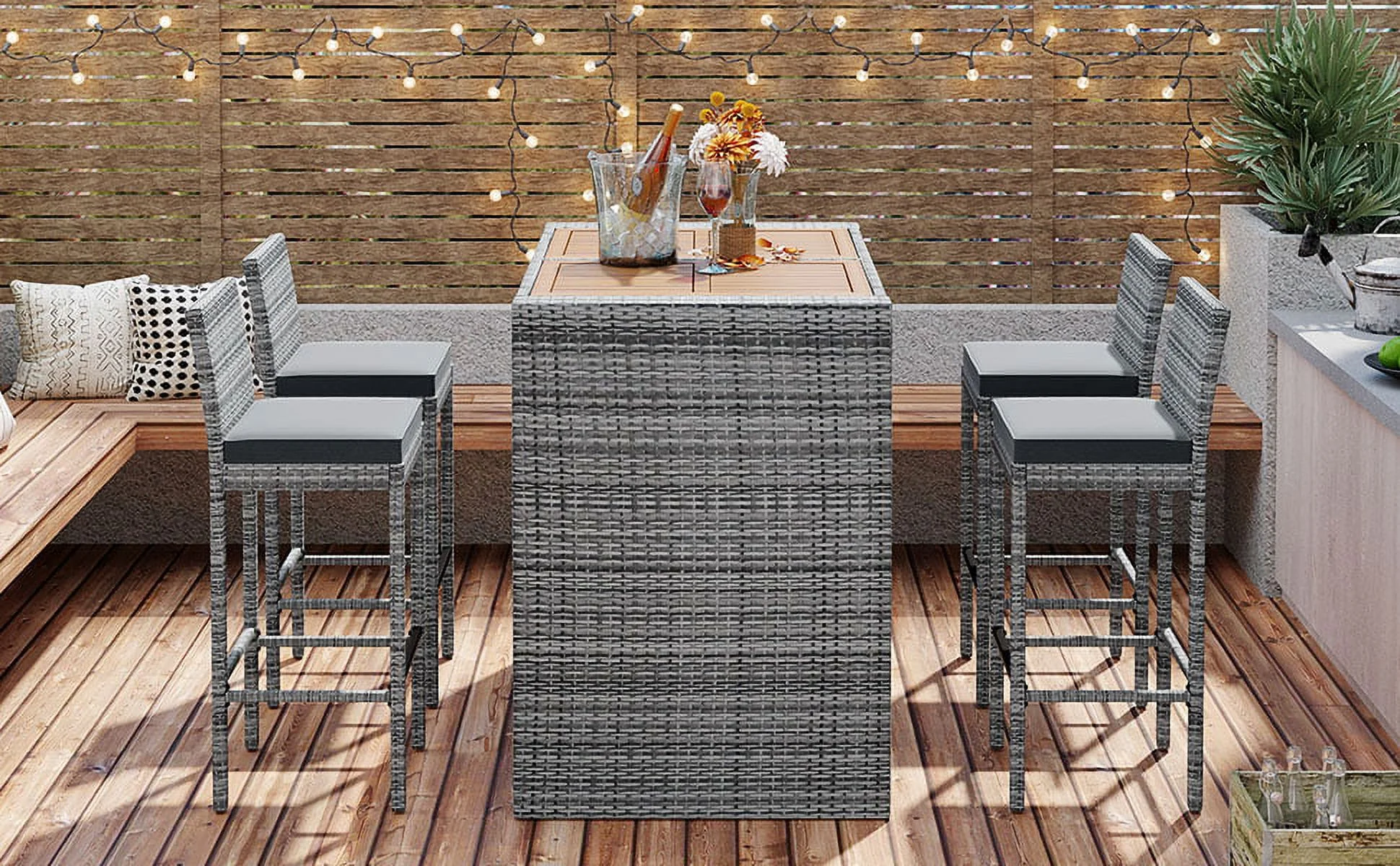 Dcenta 5-pieces  Patio Wicker Bar Set, Bar Height Chairs With Feet And Fixed Rope, Removable Cushion, Acacia Wood Table , Brown Wood And Gray Wicker