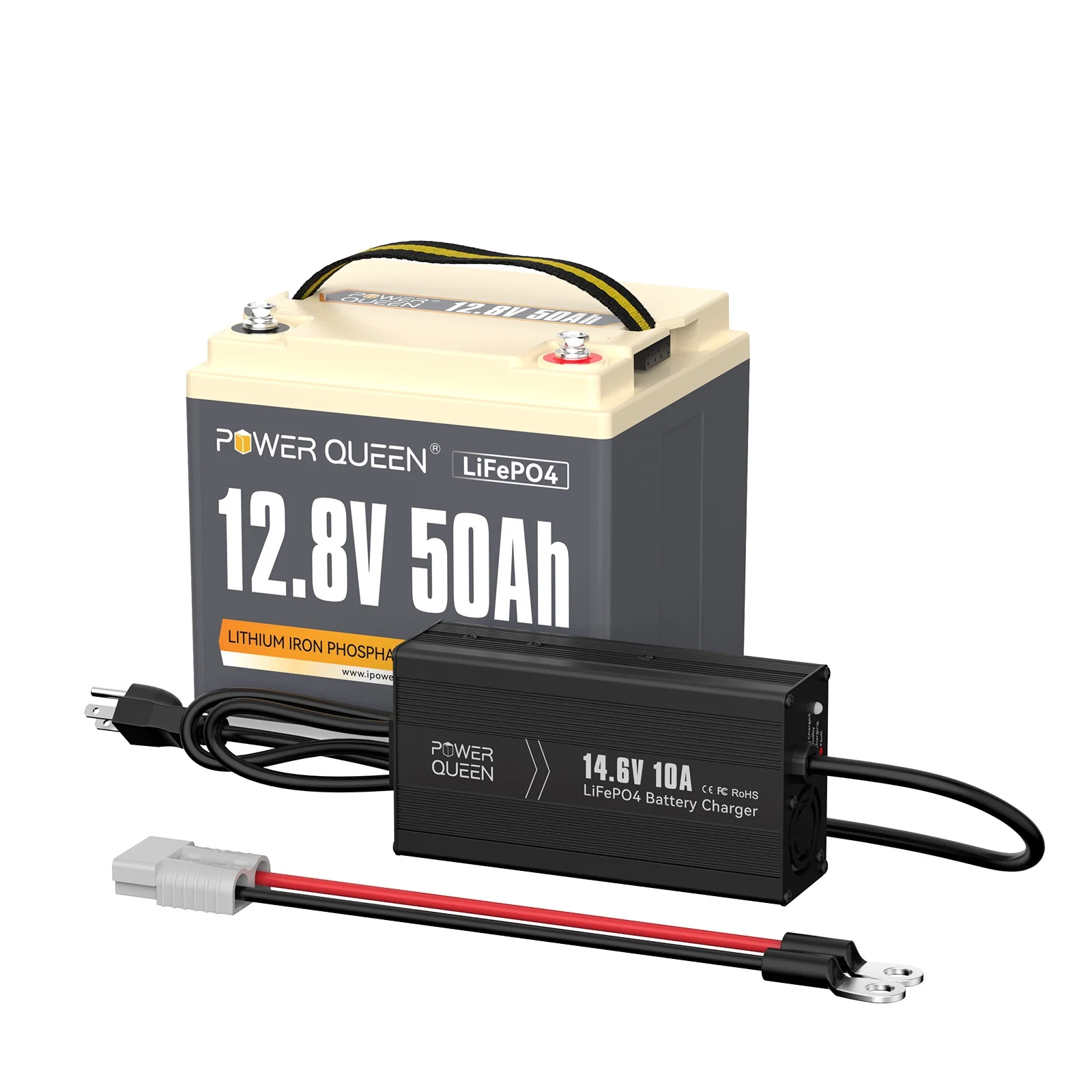 Power Queen 12V 50Ah Deep Cycle LiFePO4 Lithium Battery with 14.6V 10A Charger for RV, Camper, Trailer