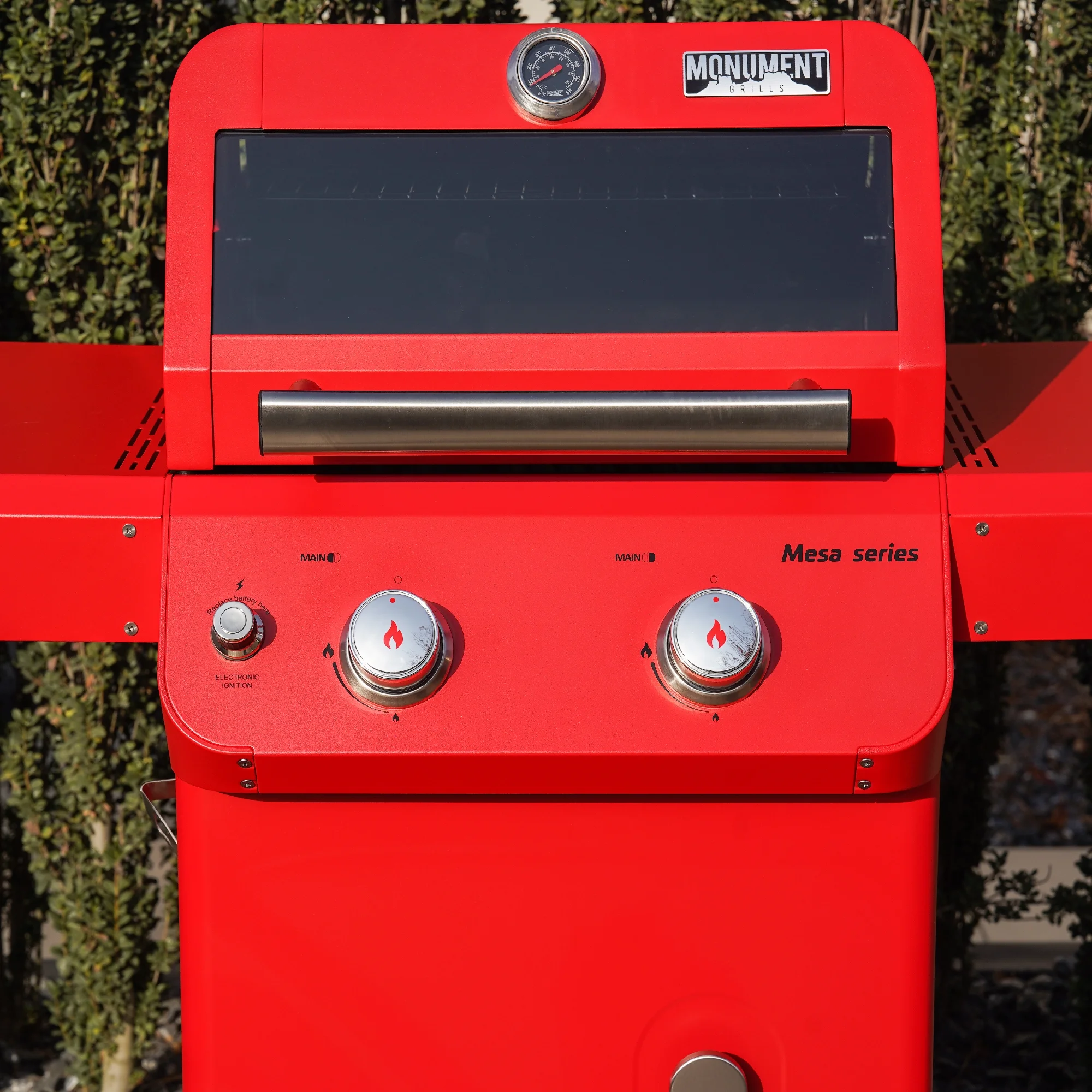 Mesa 2-Burner Propane Gas Grill in Red with Clear View Lid and LED Controls
