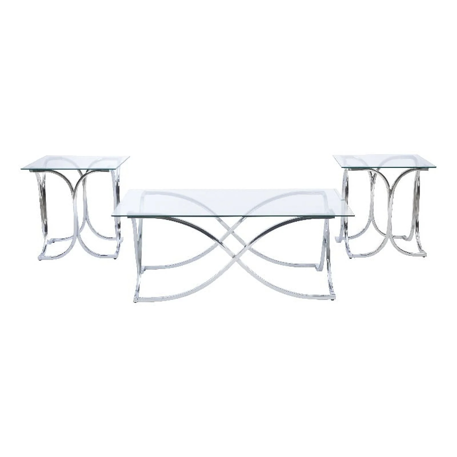 Linon Finley Glass Coffee and 2 End Table Set with Twisted Legs in Shiny Chrome