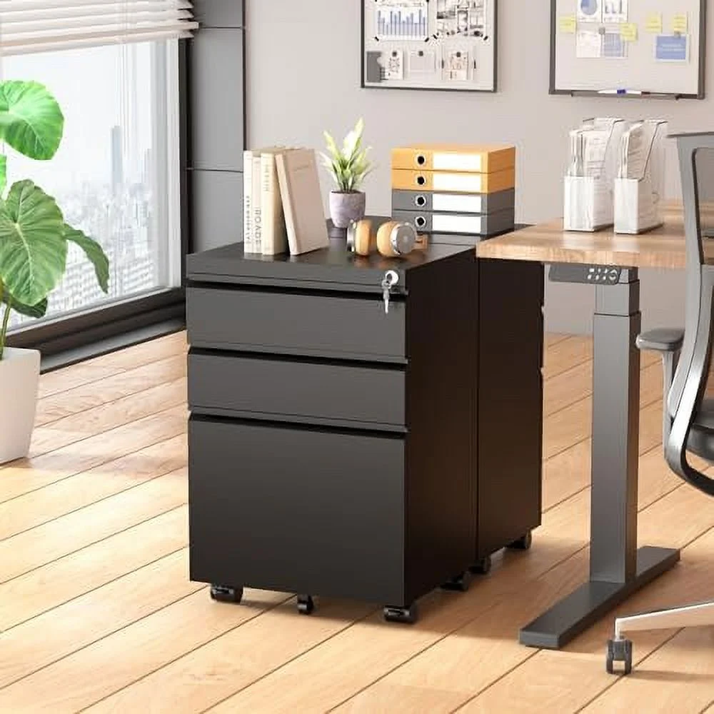 Greenvelly Black 3 Drawer File Cabinet with Wheels, Locking Mobile Filing Cabinet with Lock, Office Rolling File Cabinets for Legal/Letter Size with 2 Key and Hanging Frame (Metal Steel Frame)