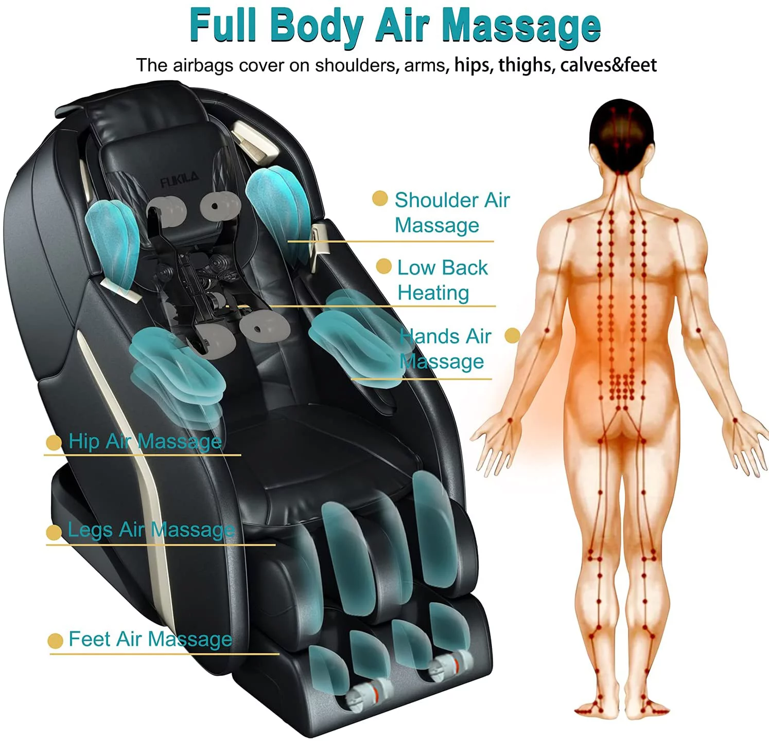 FUKILA Massage Chair Full Body Zero Gravity Recliner Bluetooth Heating Black