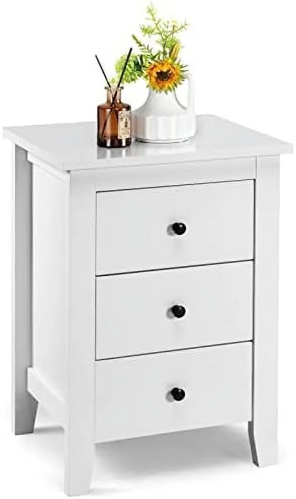 xrboomlife Nightstand   with 3 Drawers  Bedroom Side  Cabinet Wooden End Table Accent Table Solid Wood Legs (White  1 Pic)