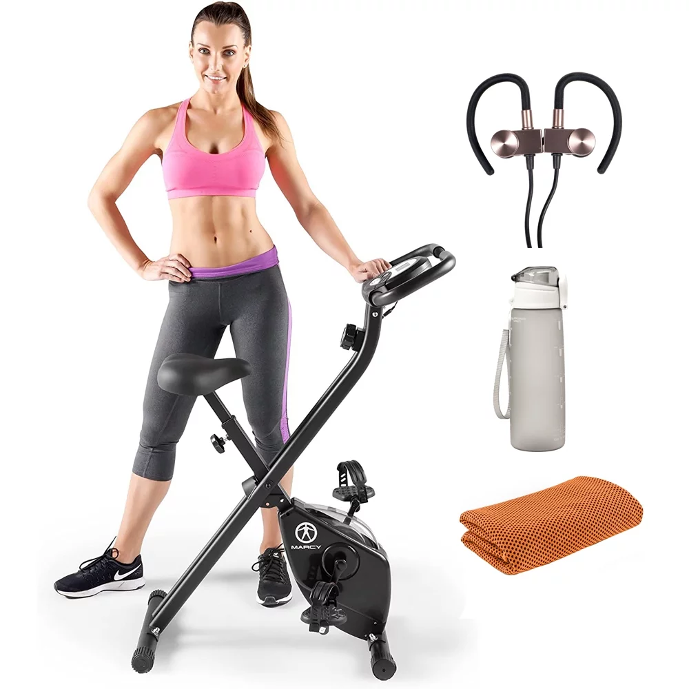 Marcy NS-654 Foldable Upright Exercise Bike Adjustable Resistance Bundle with 27 Ounce Water Bottle, Workout Cooling Sport Towel and Magnetic Wireless Sport Earbuds Gunmetal Grey