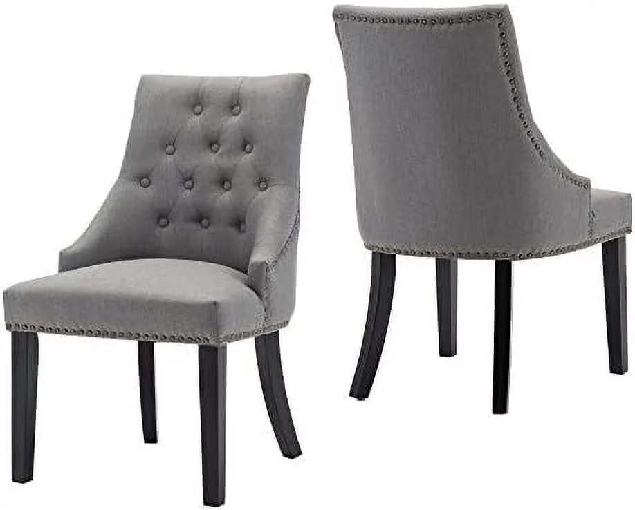 TJUNBOLIFE Upholstered Tufted Fabric Dining Chairs   Leisure Padded Dining Room Chairs with Black Solid Wooden Legs  Nailed Trim Living Room Chairs for Home Kitchen Bedroom  Gray