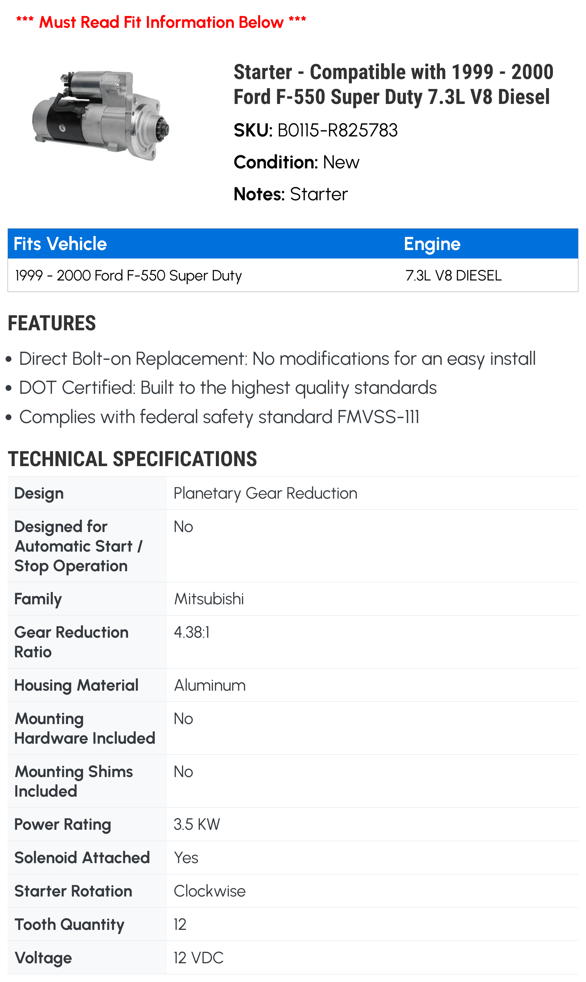 Starter - Compatible with 1999 - 2000 Ford F-550 Super Duty 7.3L V8 Diesel