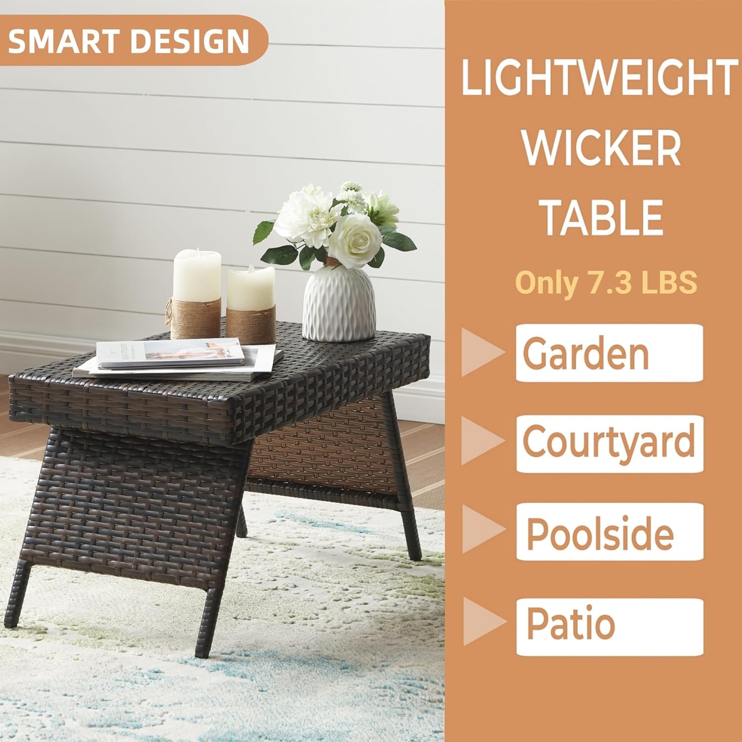 Outdoor Wicker Rattan Side Table, Patio End Table for Garden, Deck, Porch, Yard or Poolside 23.6Lx15.8Wx15.8H inches Brown