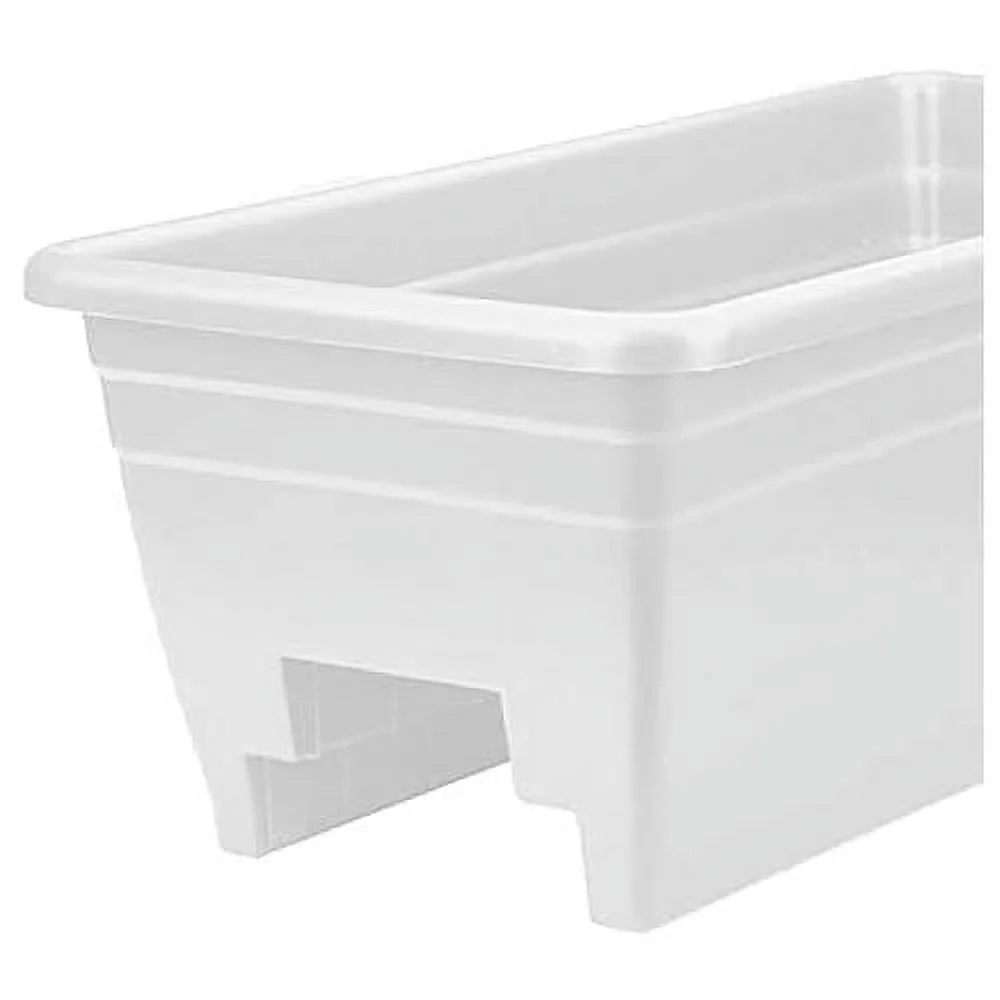 24 Inch Wide Heavy Duty Plastic Deck Rail Mounted Garden Flower Planter Boxes With Removable Drainage Plugs, White (6 Pack)