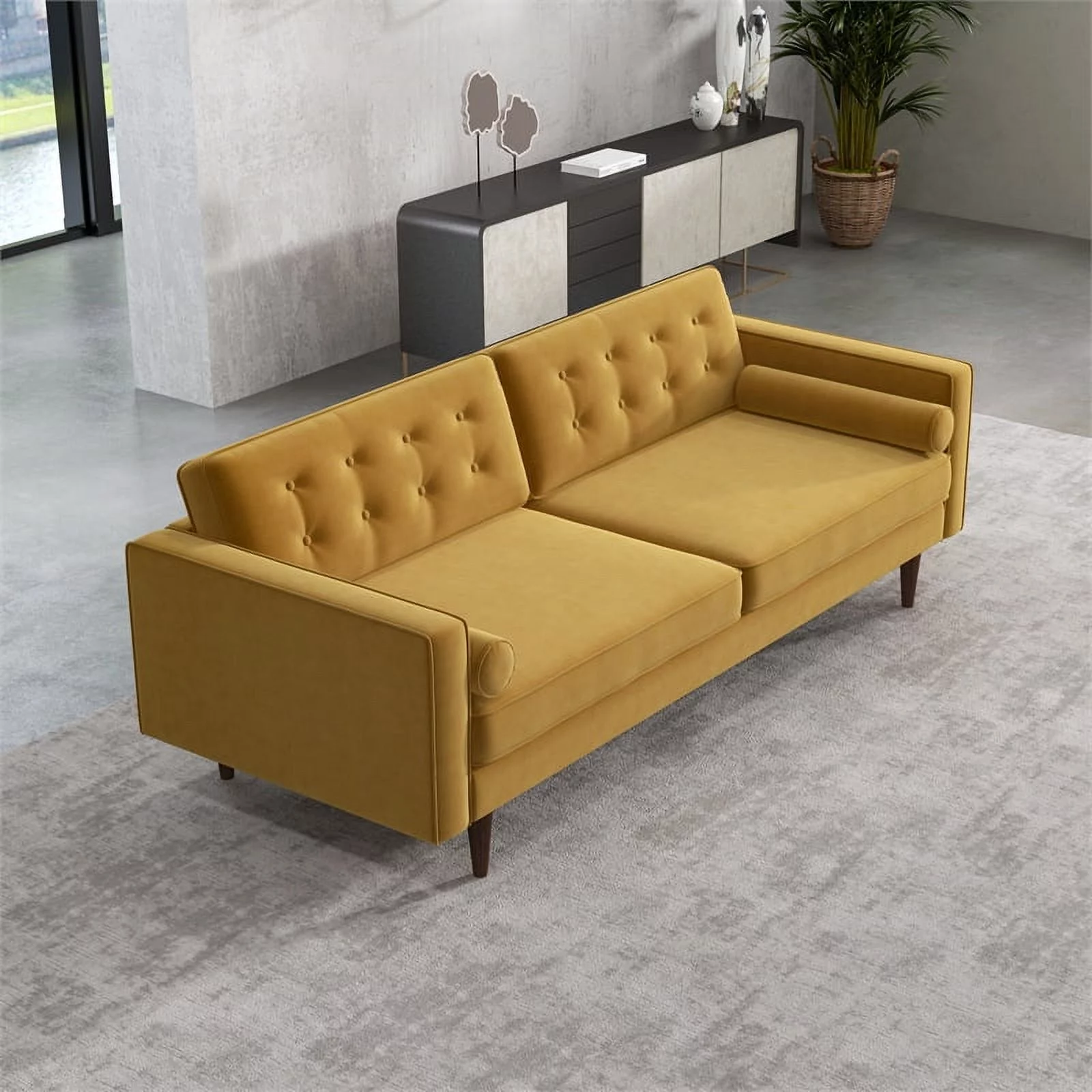 Pemberly Row Mid-Century Modern Tufted Back Gold Velvet Upholstered Sofa