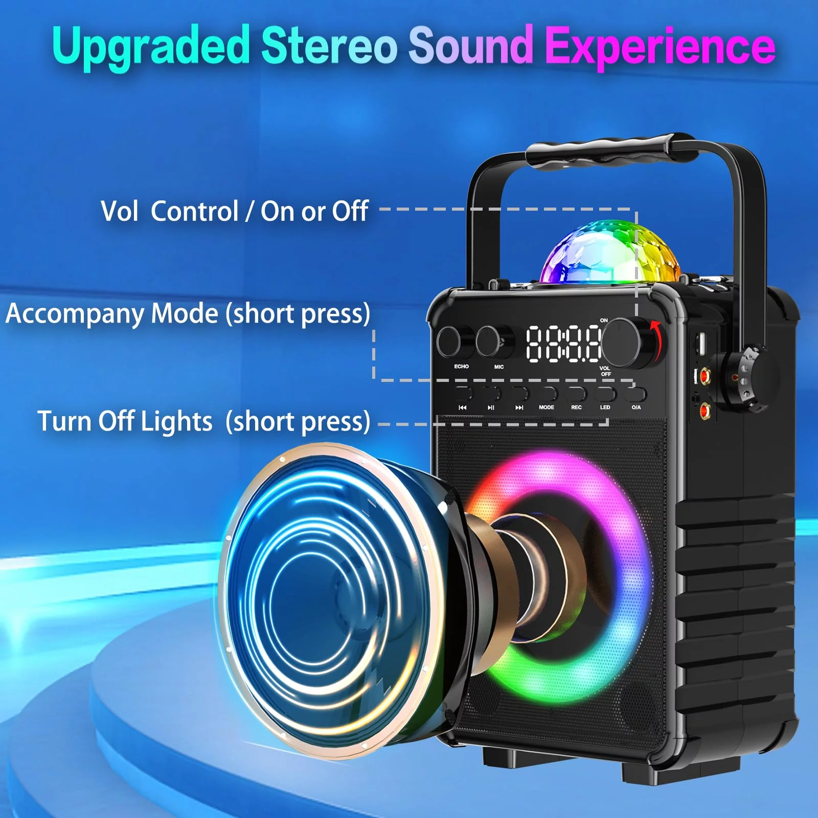 BONAOK Karaoke Machine with 2 Wireless Microphones, Portable Bluetooth Speaker with  for Adults Kids Singing Machine with Disco LED Lights Gifts for Girls Boys Home Party