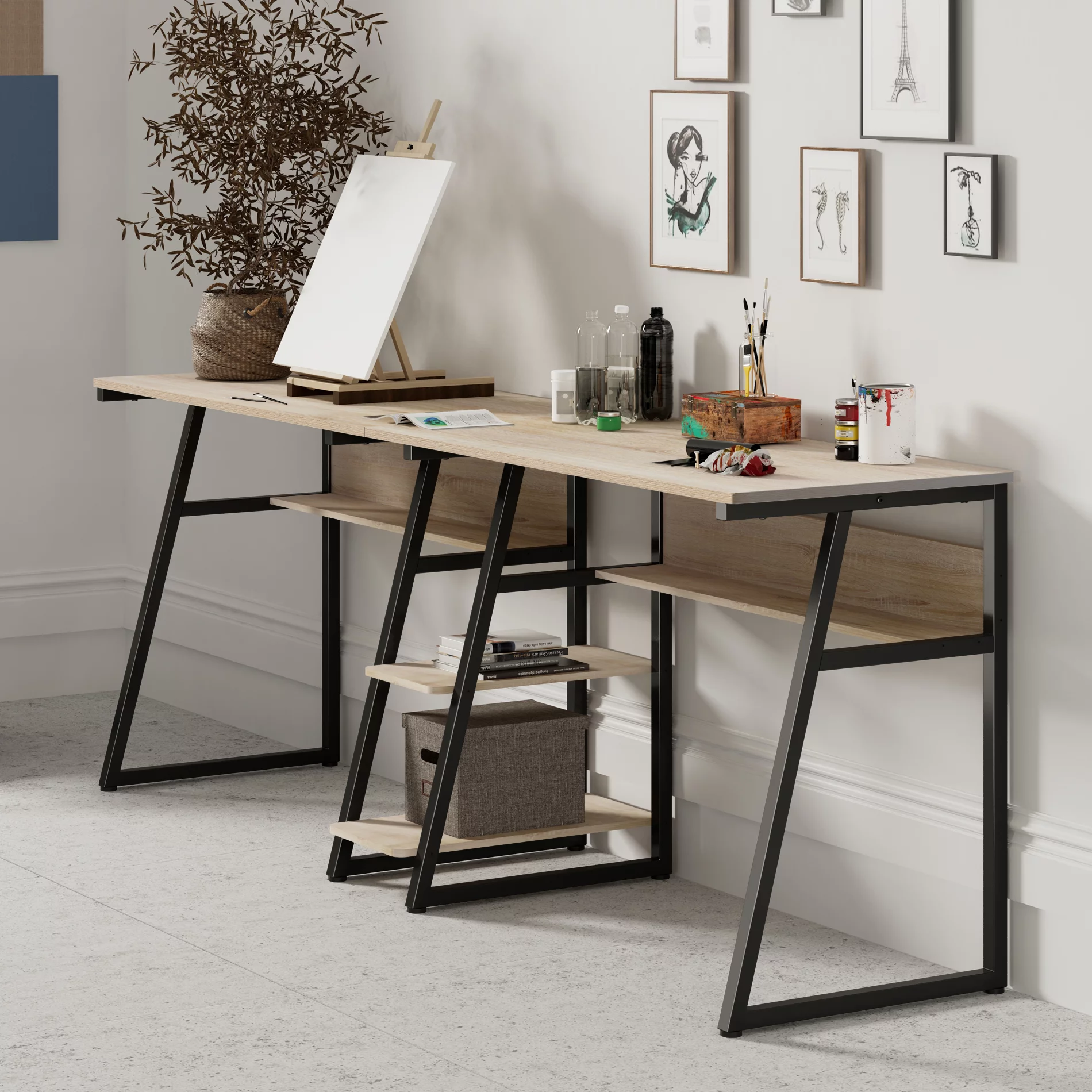 FITUEYES Portable Computer Desk with Shelves, Natural/Black