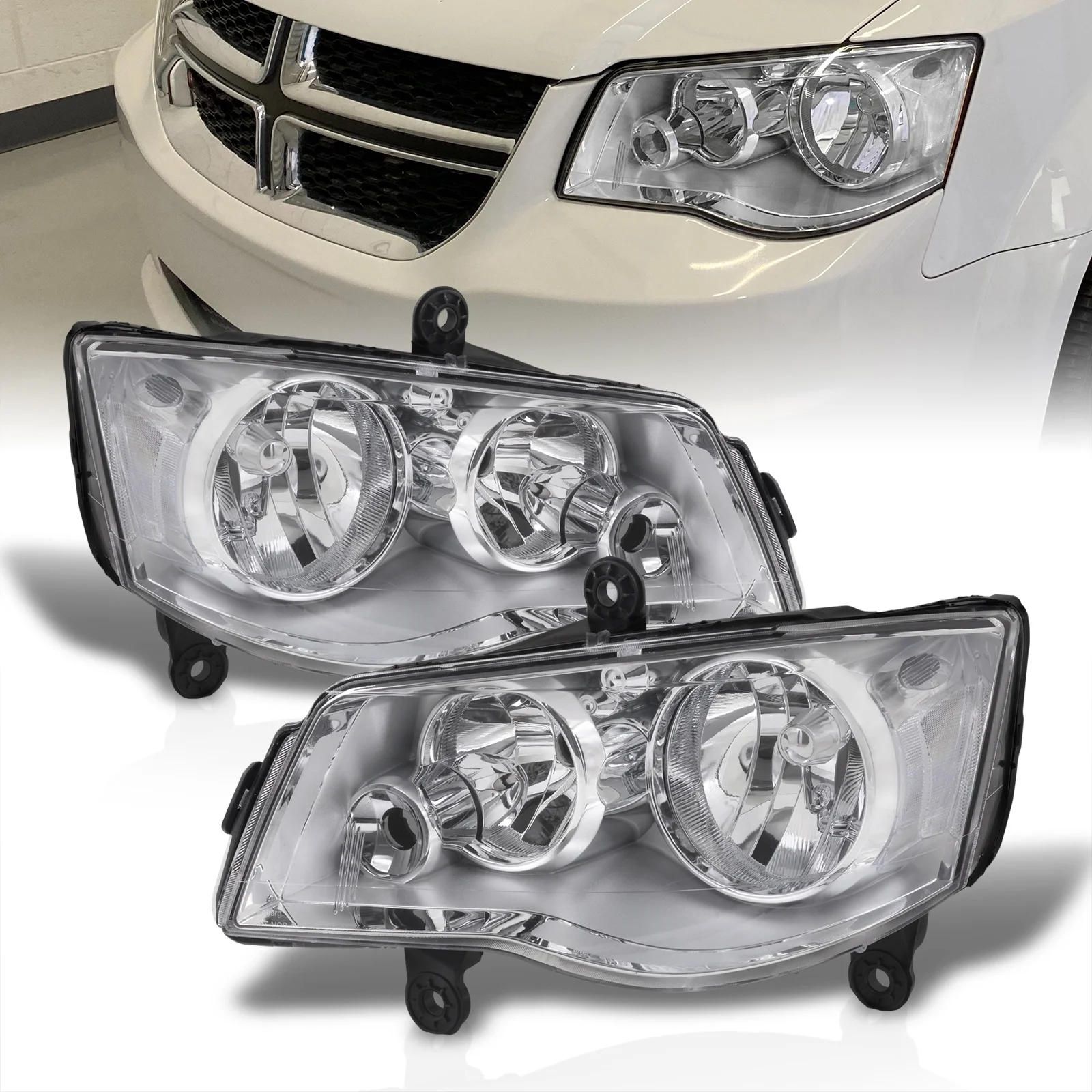 AJP Distributors Chrome Headlights Driving Headlamps Bumper Signal Lamps Assembly Pair Set Compatible/Replacement For Dodge Grand Caravan / Chrysler Town & Country 08 09 10 11 12 13 14 15 16 17 18 19