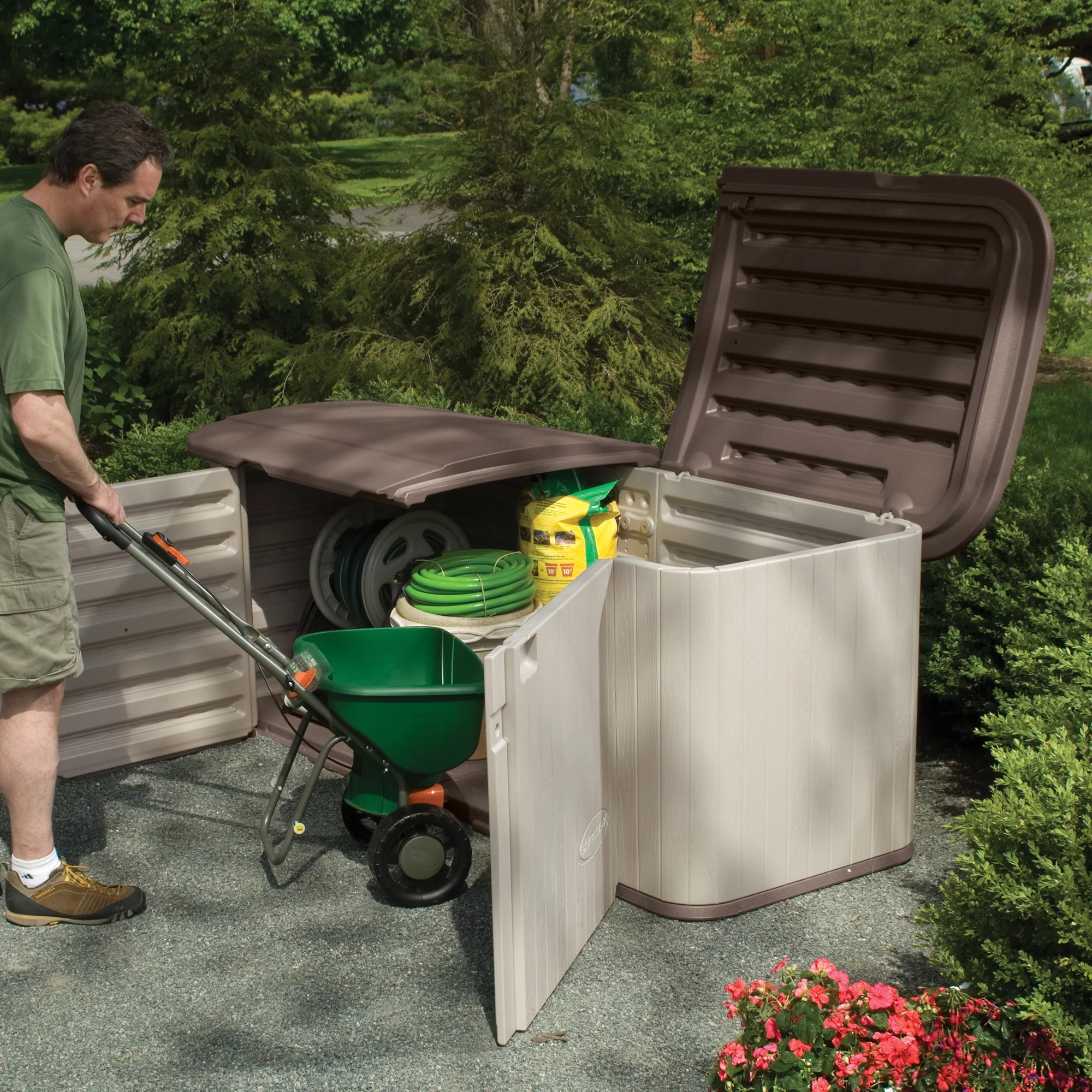 Suncast 269 Gallon Split Lid Resin Storage Shed Deck Box, Light Taupe