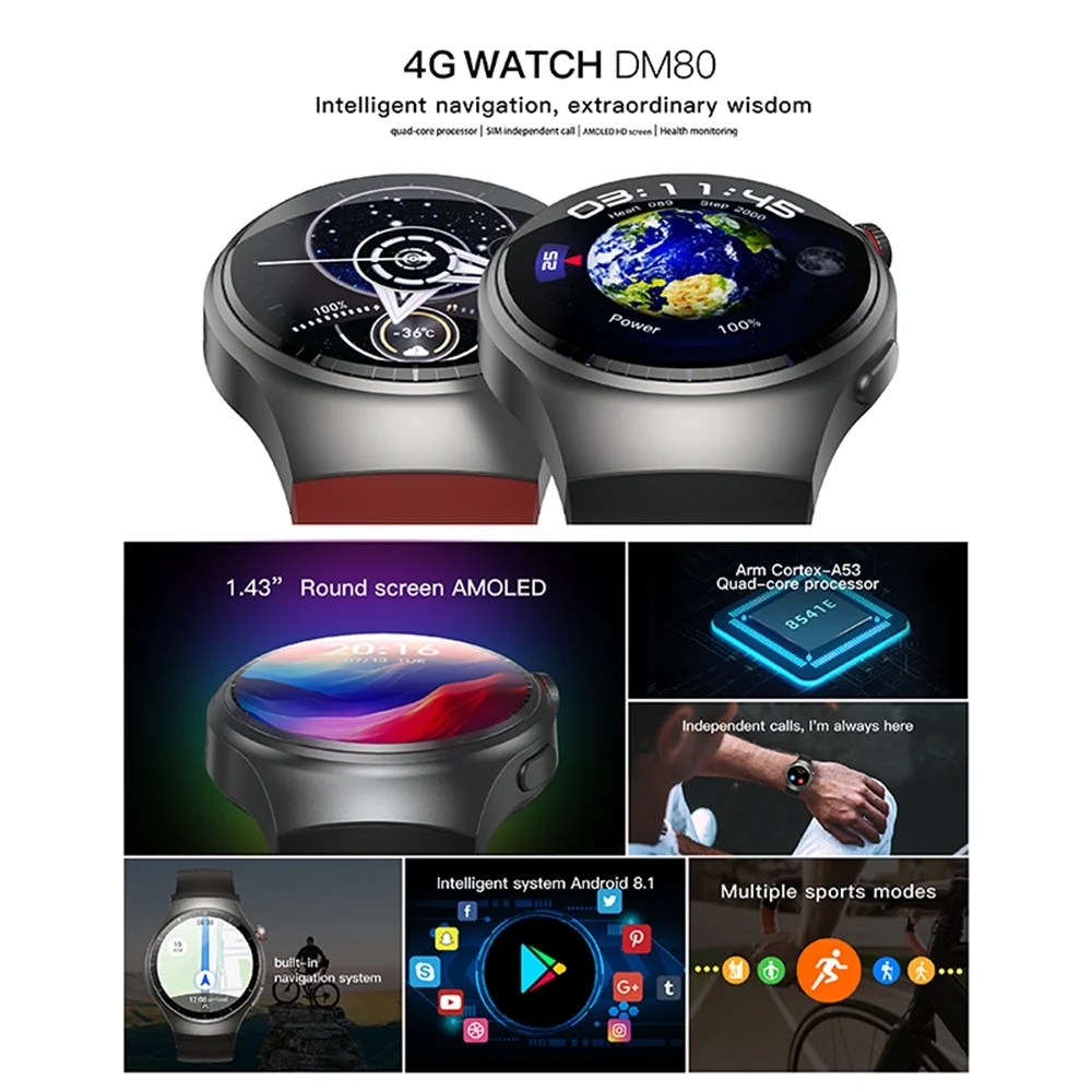 Rainbuvvy DM80 4G Smart Watch 1.43 inch Android 8.1 RAM 2GB ROM 16G 1000mAh Single SIM GPS WIFI Sports Watch Black