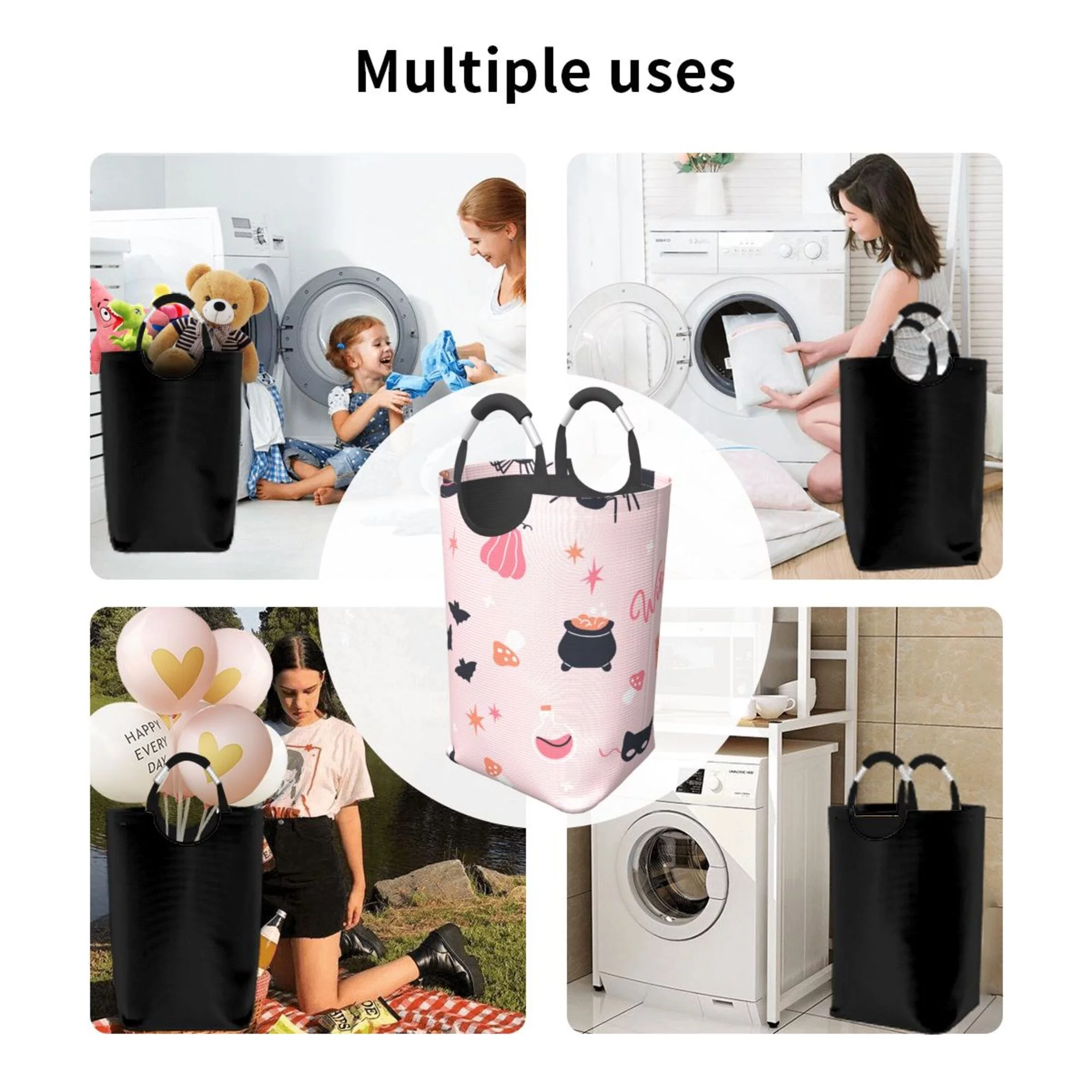 TEQUAN 50L Large Rectangular Laundry Hamper with Aluminum Handles, Pink Witch Hat Bat Pumpkin Prints Waterproof Foldable Dirty Clothes Basket