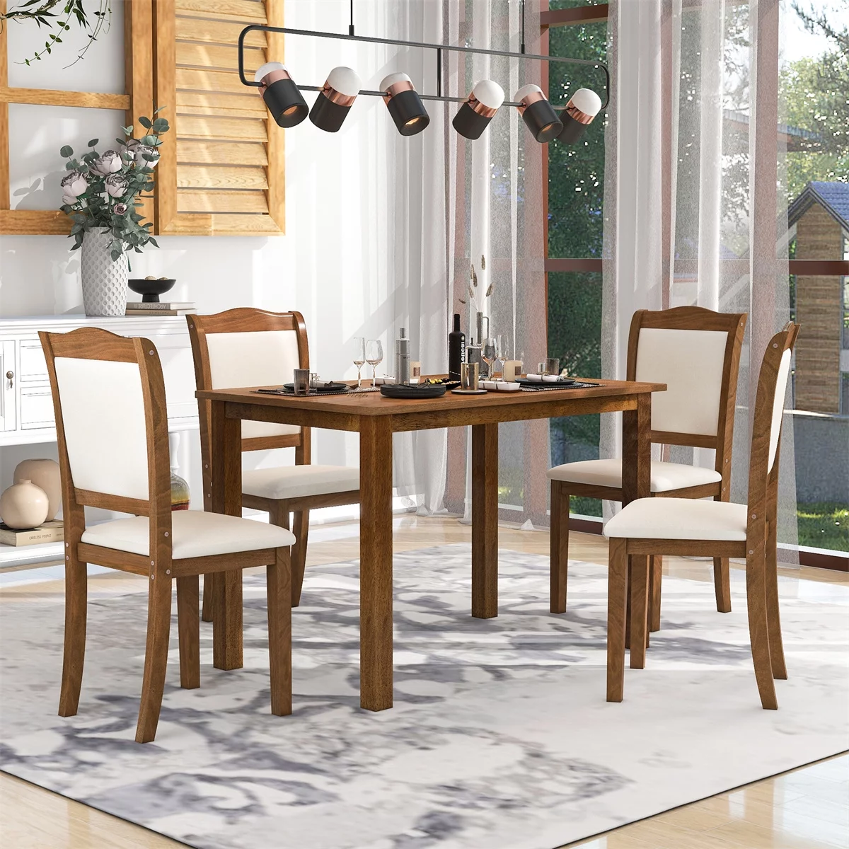 Churanty 5 Pieces Wood Dining Table Set for 4  Rectangular Table with Upholstered Chairs Kitchen Dining Set for Small Space, Walnut
