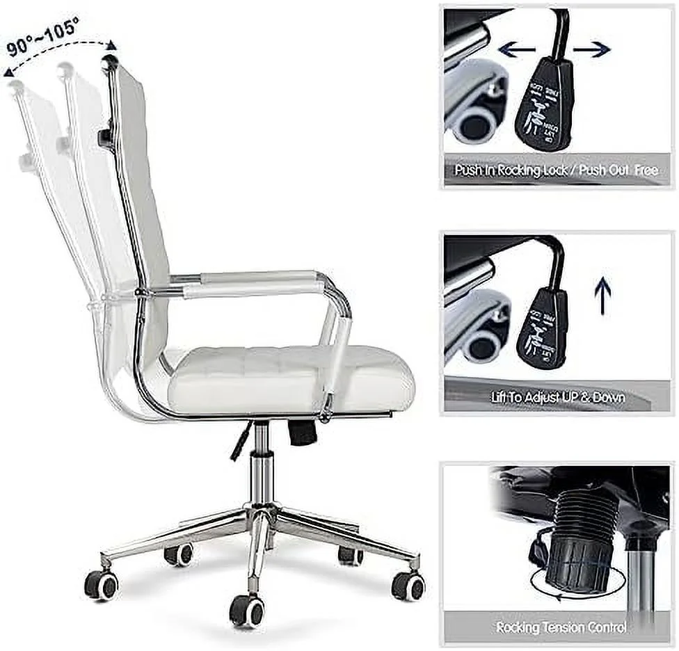 TJCGDTY Home Office Chair Ribbed  Modern Leather Conference Room Chairs  Ergonomic Office Desk Chair  High Back Executive Computer Chair  Adjustable Swivel Chair with Arms (White)