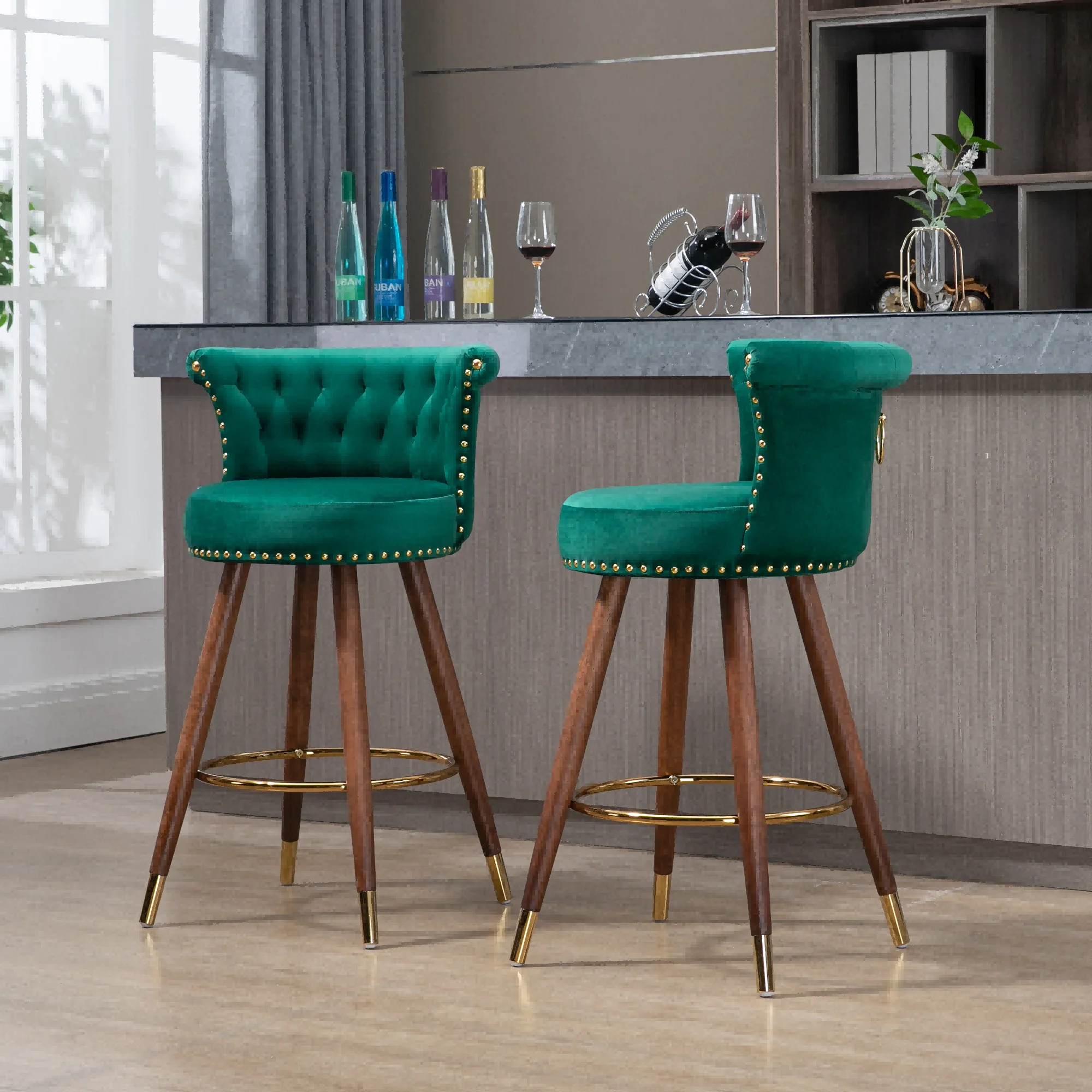 Upholstered Bar Stools, Tufted Counter Height Bar Stool Chairs with Solid Wood Legs Kitchen Island Padded Barstools with Nailhead Trim and Footrest High Chairs(Emerald,Set of 2)