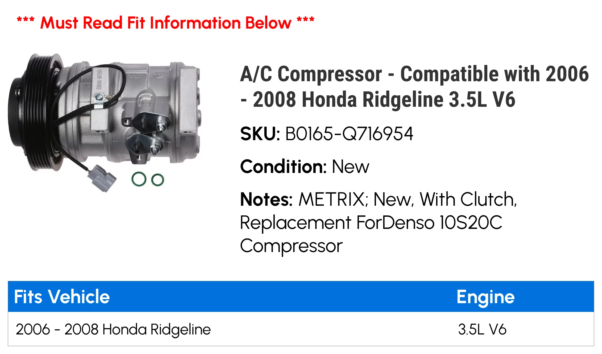A/C Compressor - Compatible with 2006 - 2008 Honda Ridgeline 3.5L V6 2007