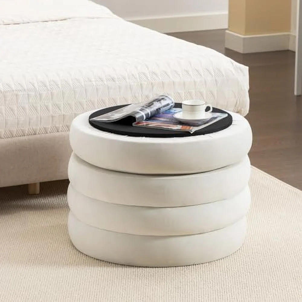 CHYTRE 24.5" Wide Boucle Round  Ottoman Footstool  Soft Vanity  Stool with Pie-Layered Design  Black Upholstered Footrest for Living Room and Bedroom