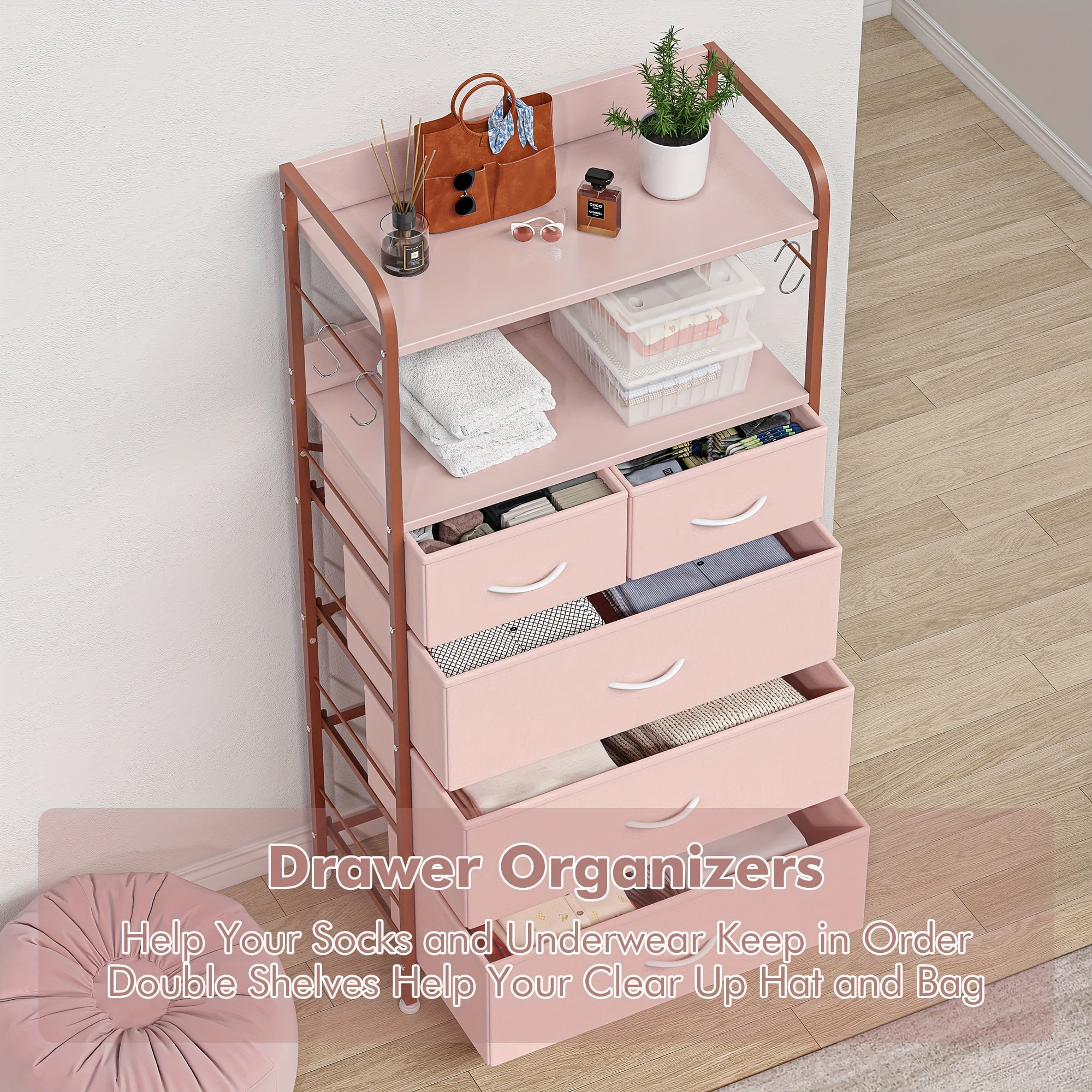5 Drawers Dresser for Bedroom with Shelf, Chest of Drawers & Storage Drawers, Tall Fabric Storage Dresser for Living Room, Organizer Unit, Easy Assembly, Pink
