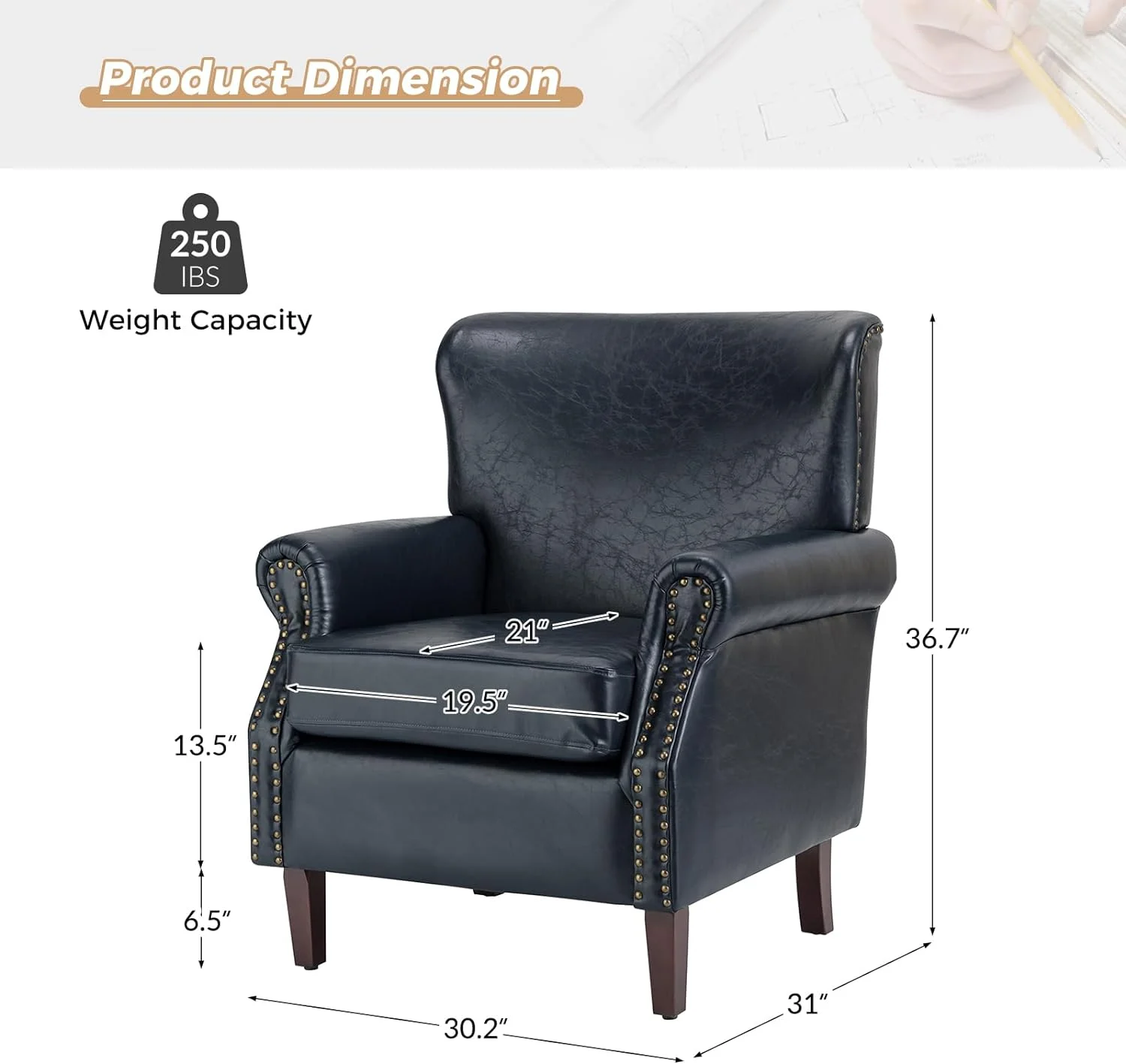 Faux Leather Accent Chairs Set Of 2 With Rolled Armrests & Nailhead Trim, Comfy Upholstered Living Room Armchairs With Removable Cushion, Traditional Sofa Chairs For Bedroom Office, Navy