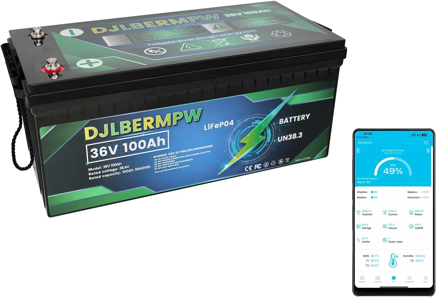 ‎DJLBERMPW 36V 100Ah LiFePO4 Battery Bluetooth,4000-15000 Deep Cycle Golf Cart Battery,36V 100Ah Lithium Batteries for RV,Solar,Marine,Trolling Motor,Built in 100A BMS 3840W,10 Years of Life