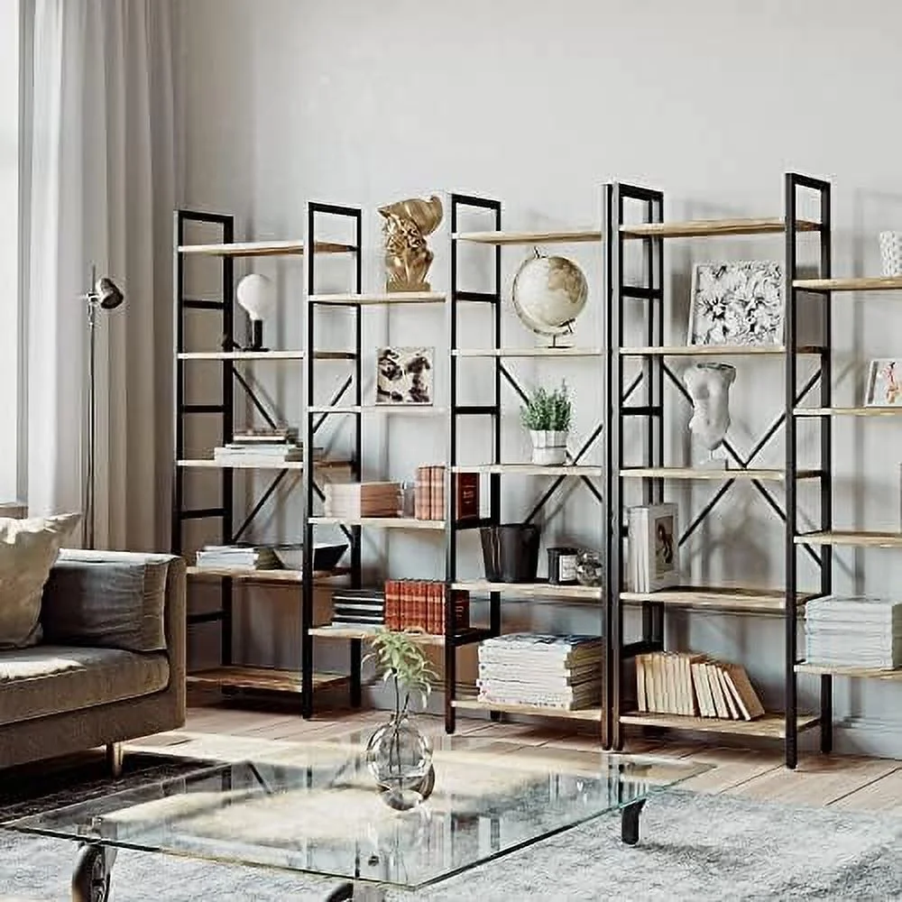 YPZBBOOM and Bookshelves Triple Wide 5 Tiers Industrial Bookshelf  Large Etagere Bookshelf Open Display Shelves with Metal Frame
